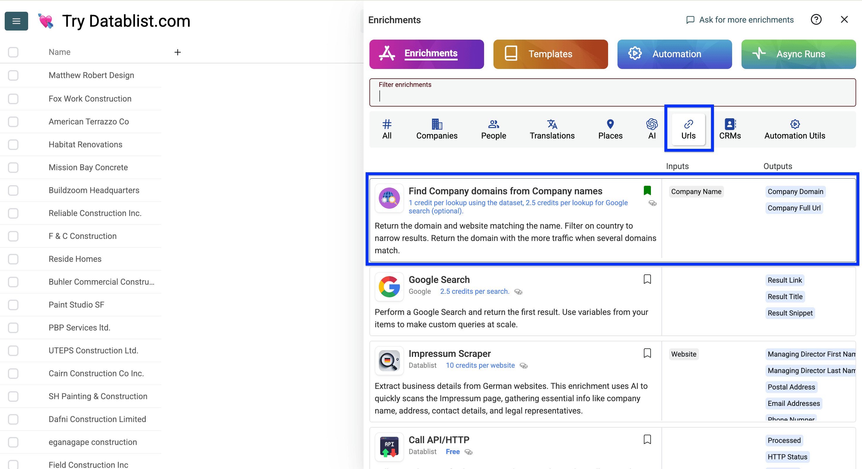 Datablist’s URLs enrichment listing, Domain Finder