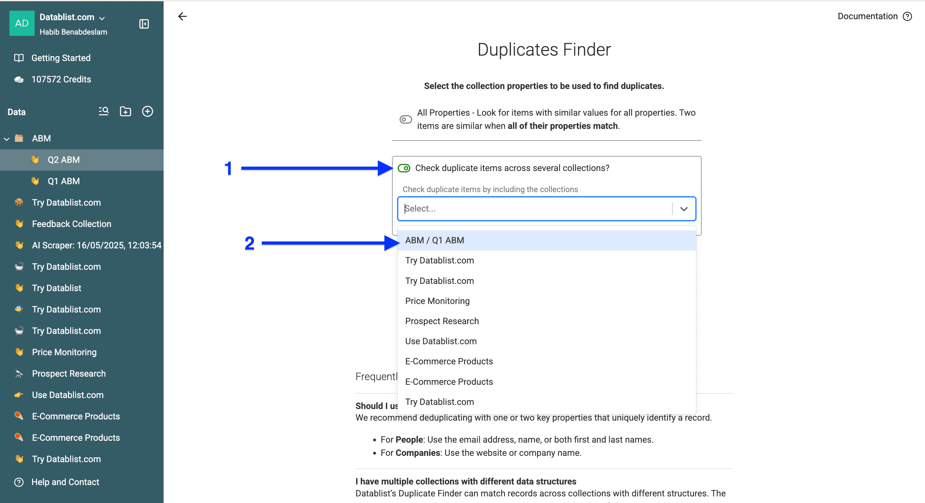 File selection of multi-collection deduplication