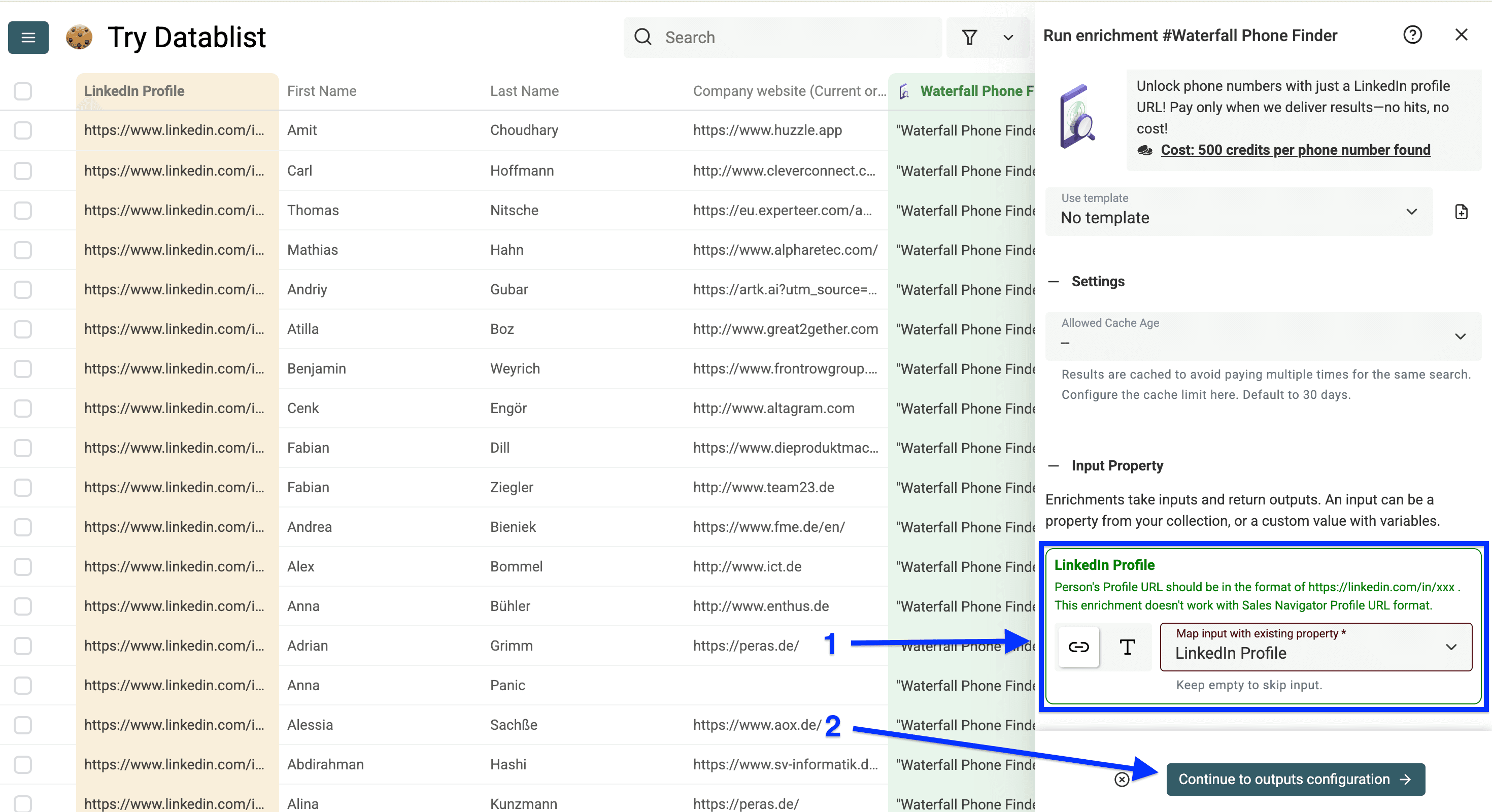 Input column configuration for finding phone numbers