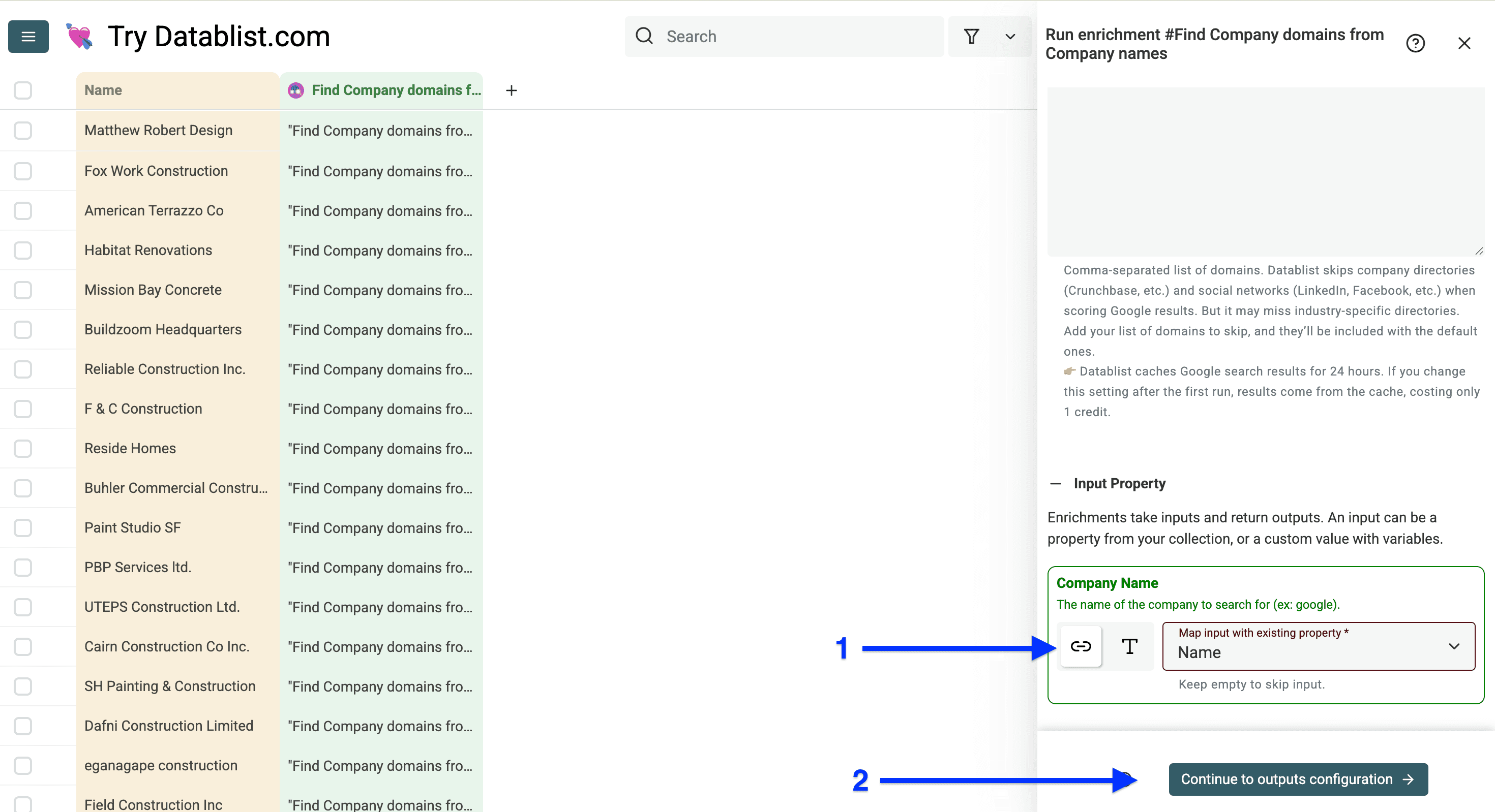 Input configuration of Datablist’s Domain Finder