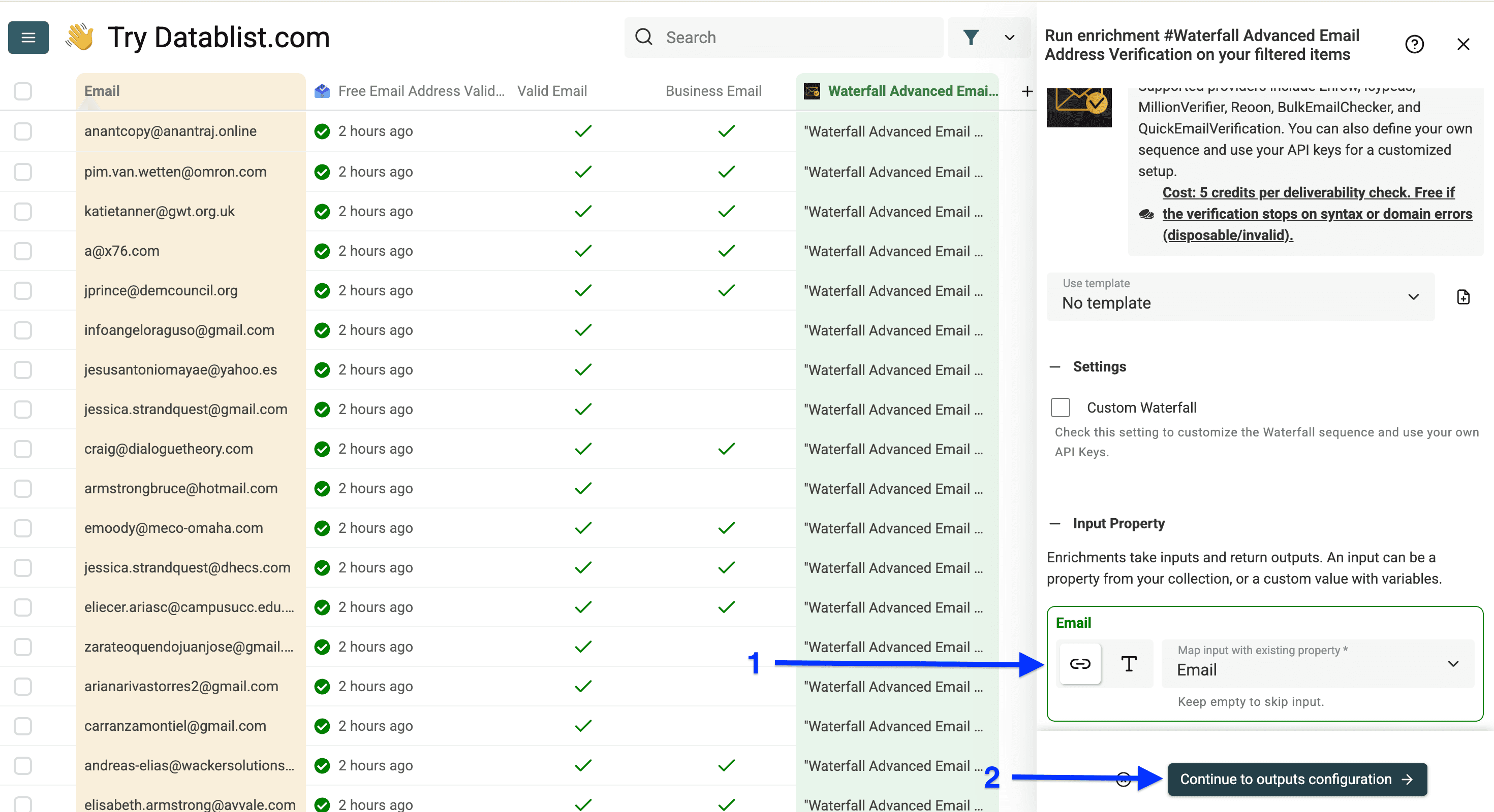 Input configuration of Datablist’s email verification