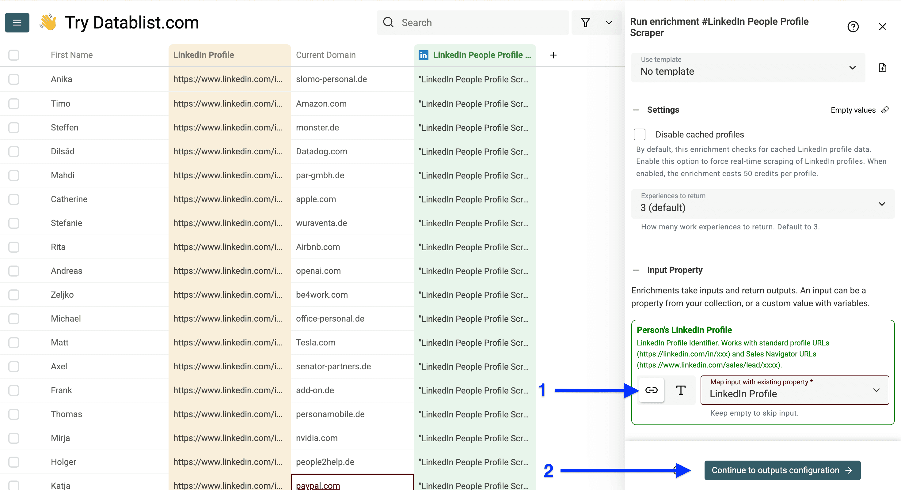 Input configuration of Datablist’s LinkedIn profile scraper