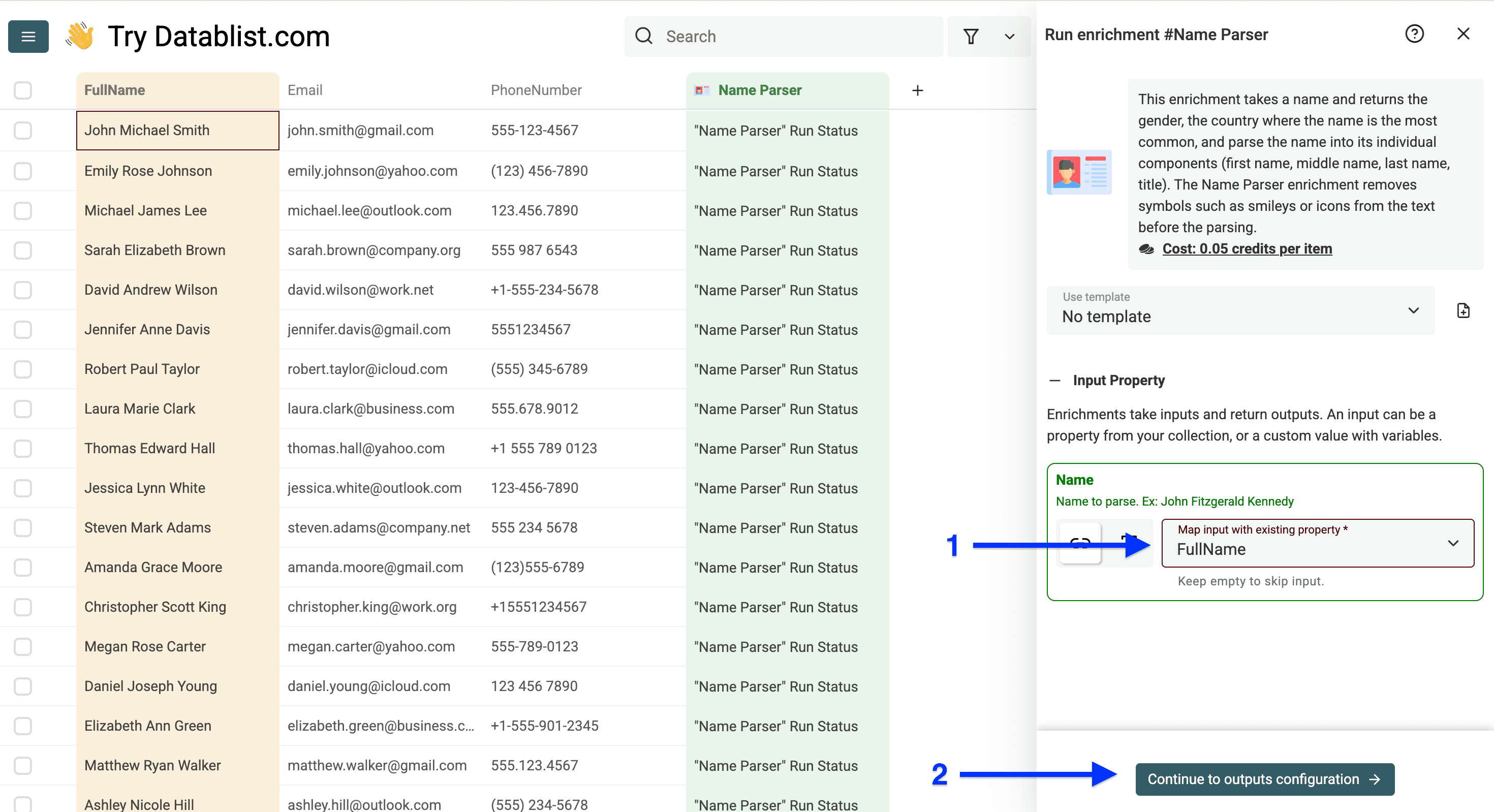 Input configuration of Datablist’s Name Parser