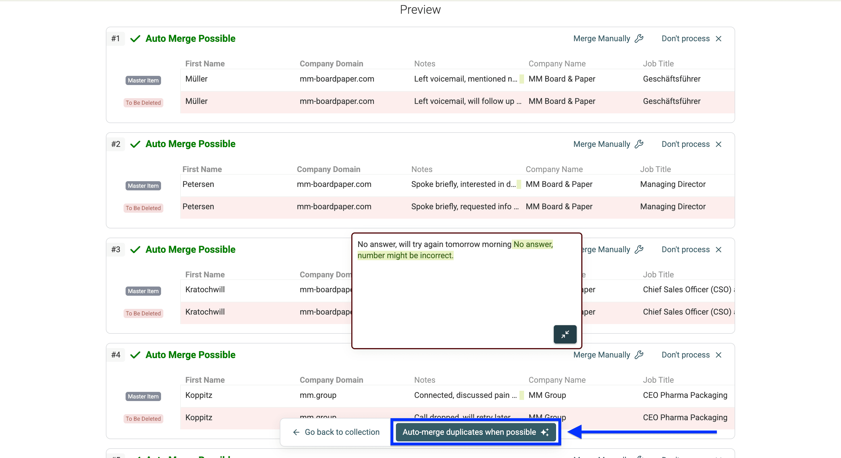 Merging preview of Datablist’s column-based deduplication