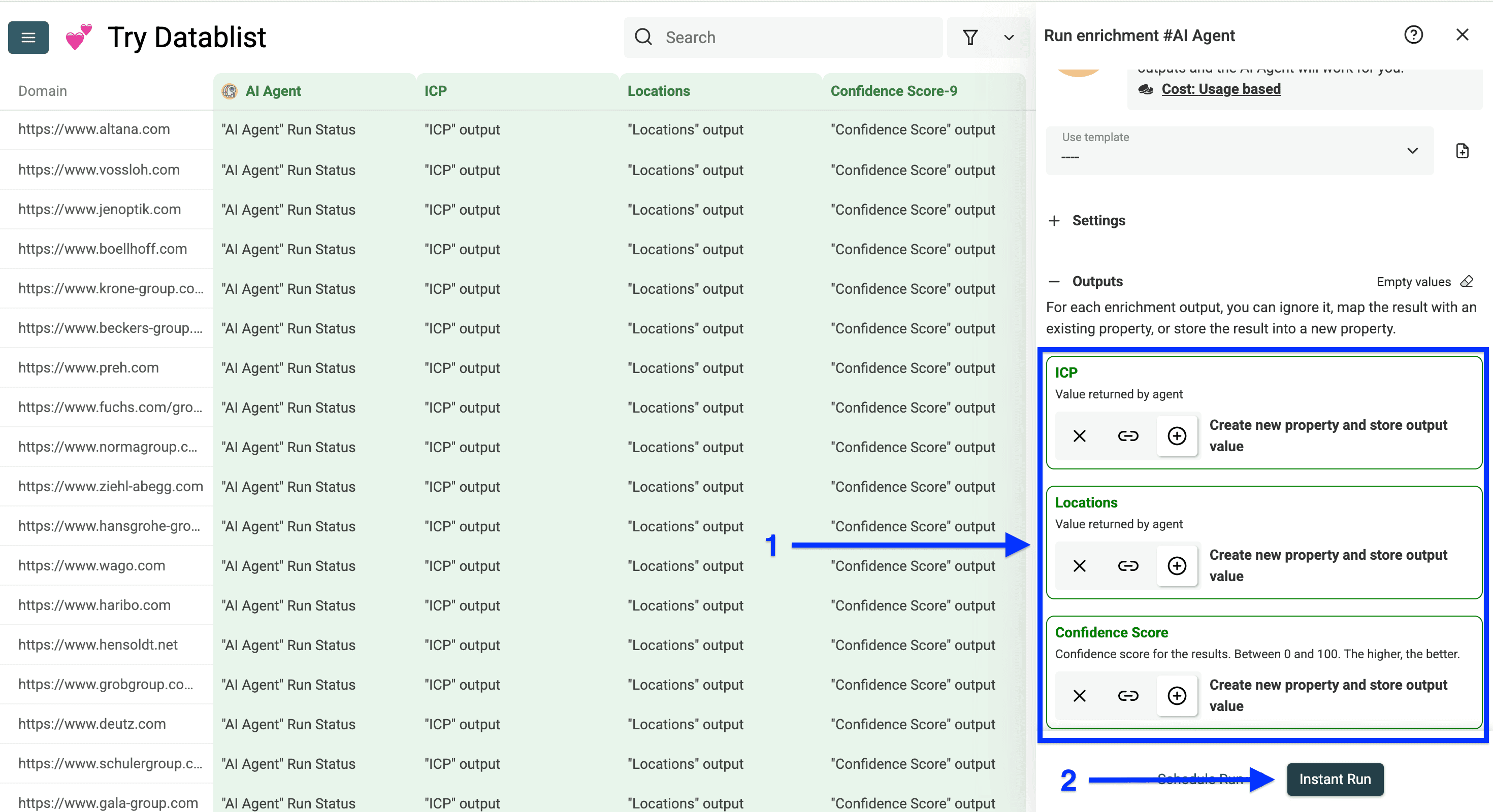 Output column configuration for Datablist’s AI Research Agent