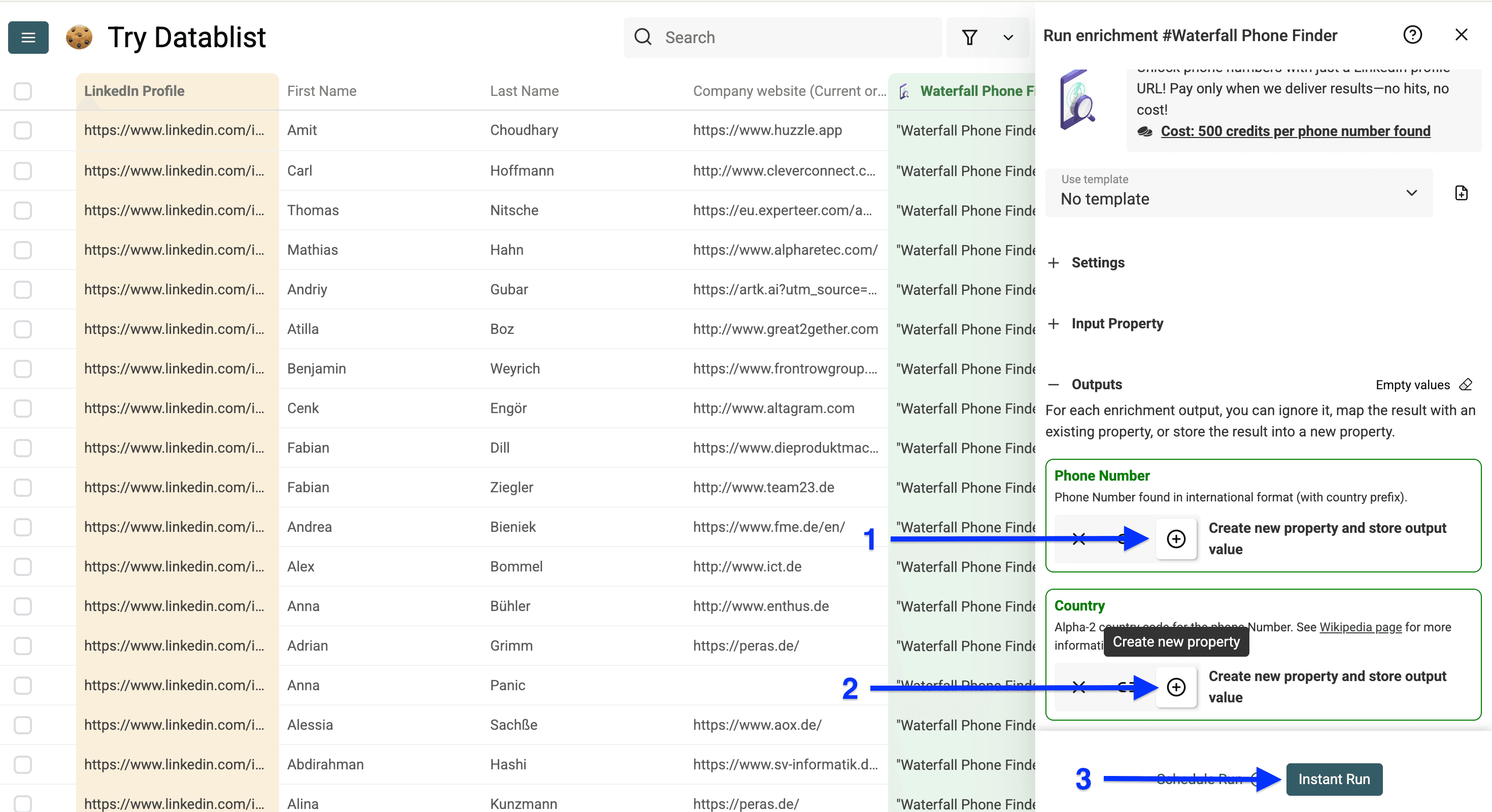 Output column configuration for phone number finder