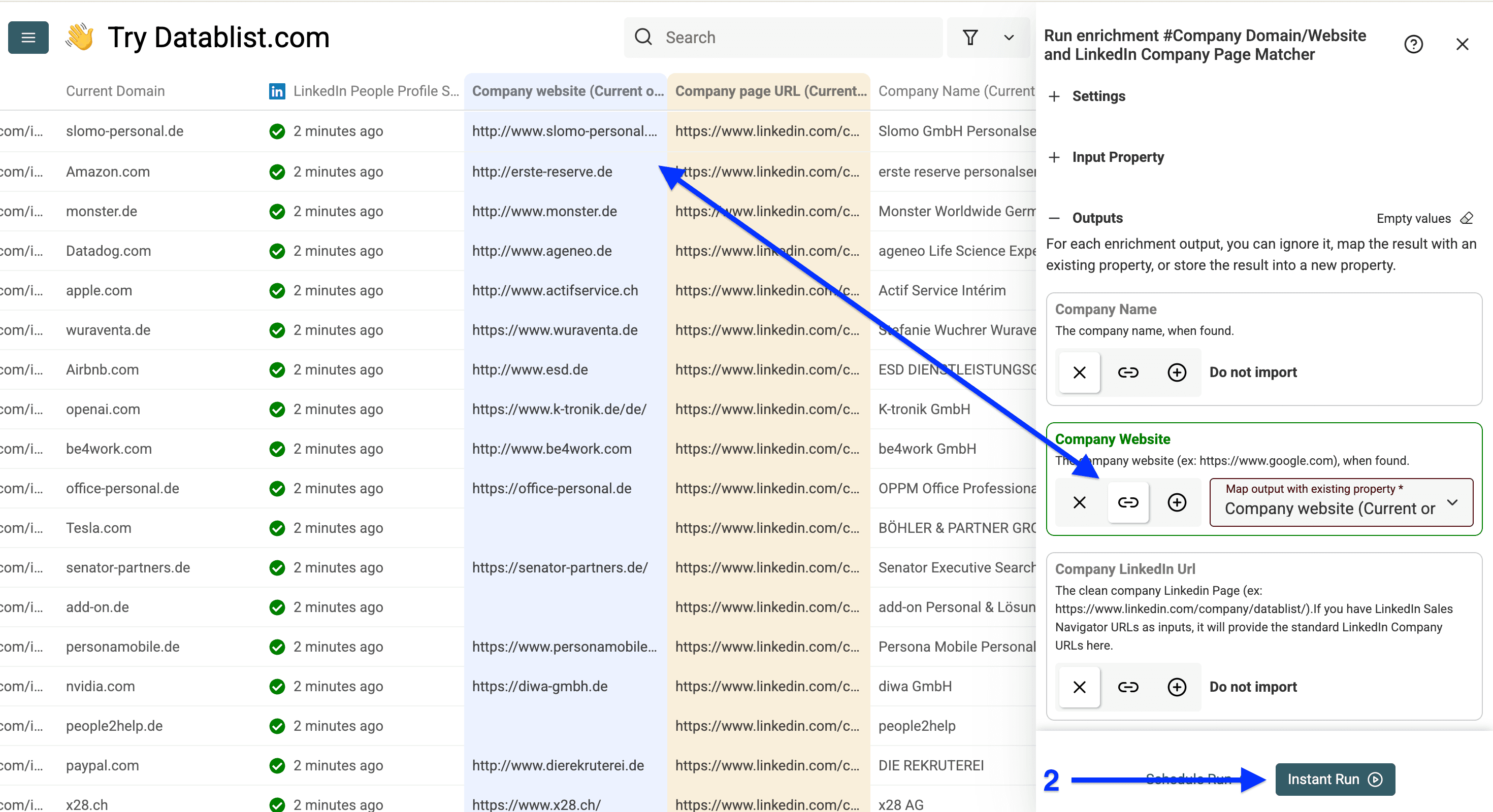Output column configuration of Datablist’s LinkedIn page to domain enrichment