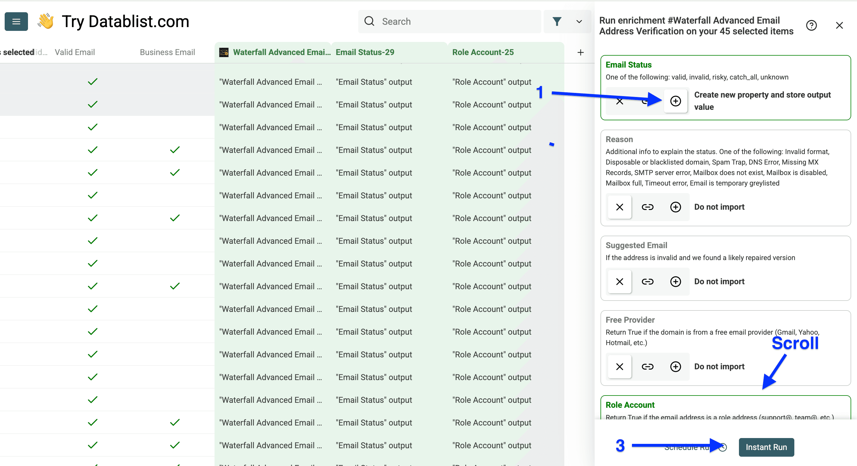 Output column configuration of Datablist’s email verification