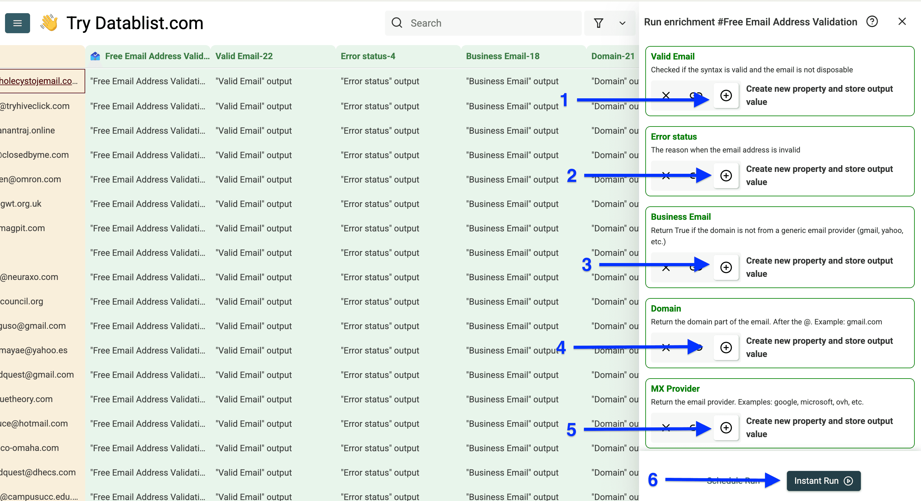Output column configuration of Datablist’s free email validation
