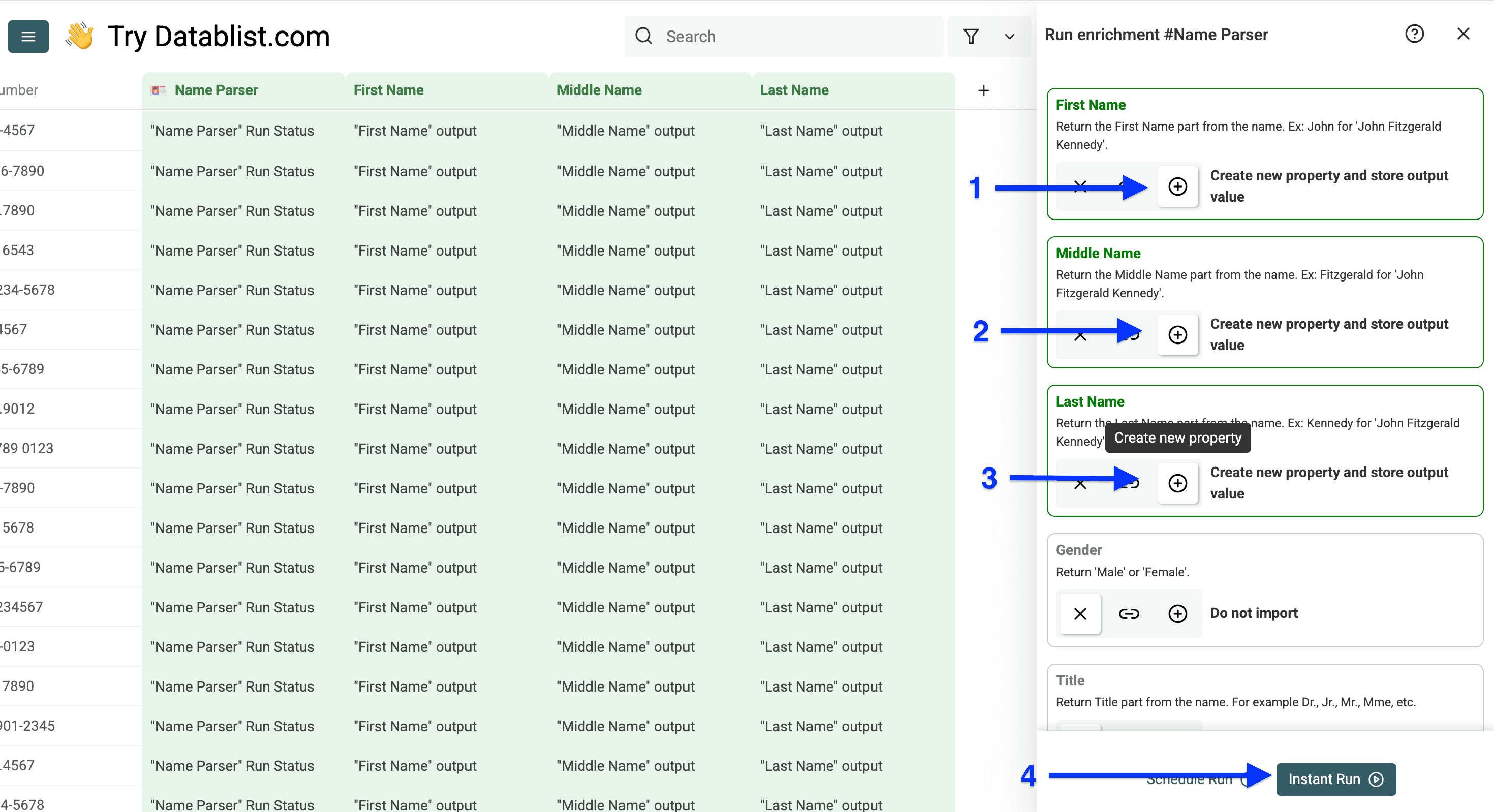 Output column configuration of Datablist’s Name Parser