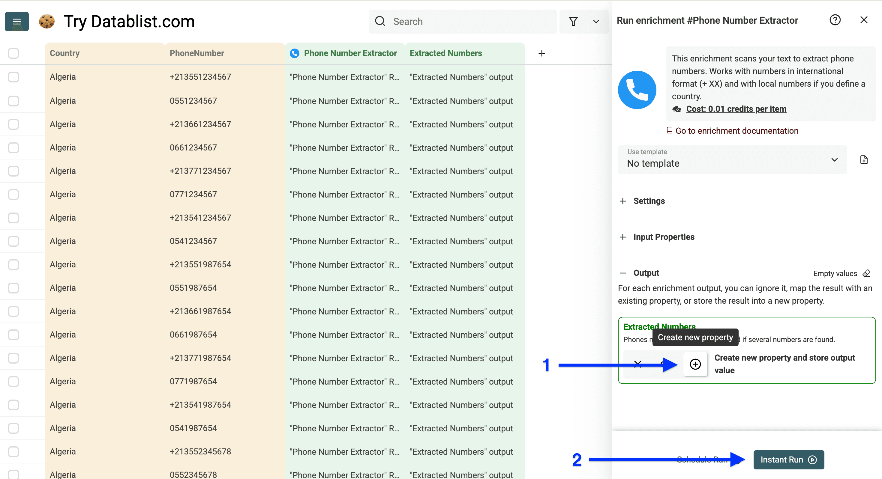 Output column configuration of Datablist’s phone number formatter