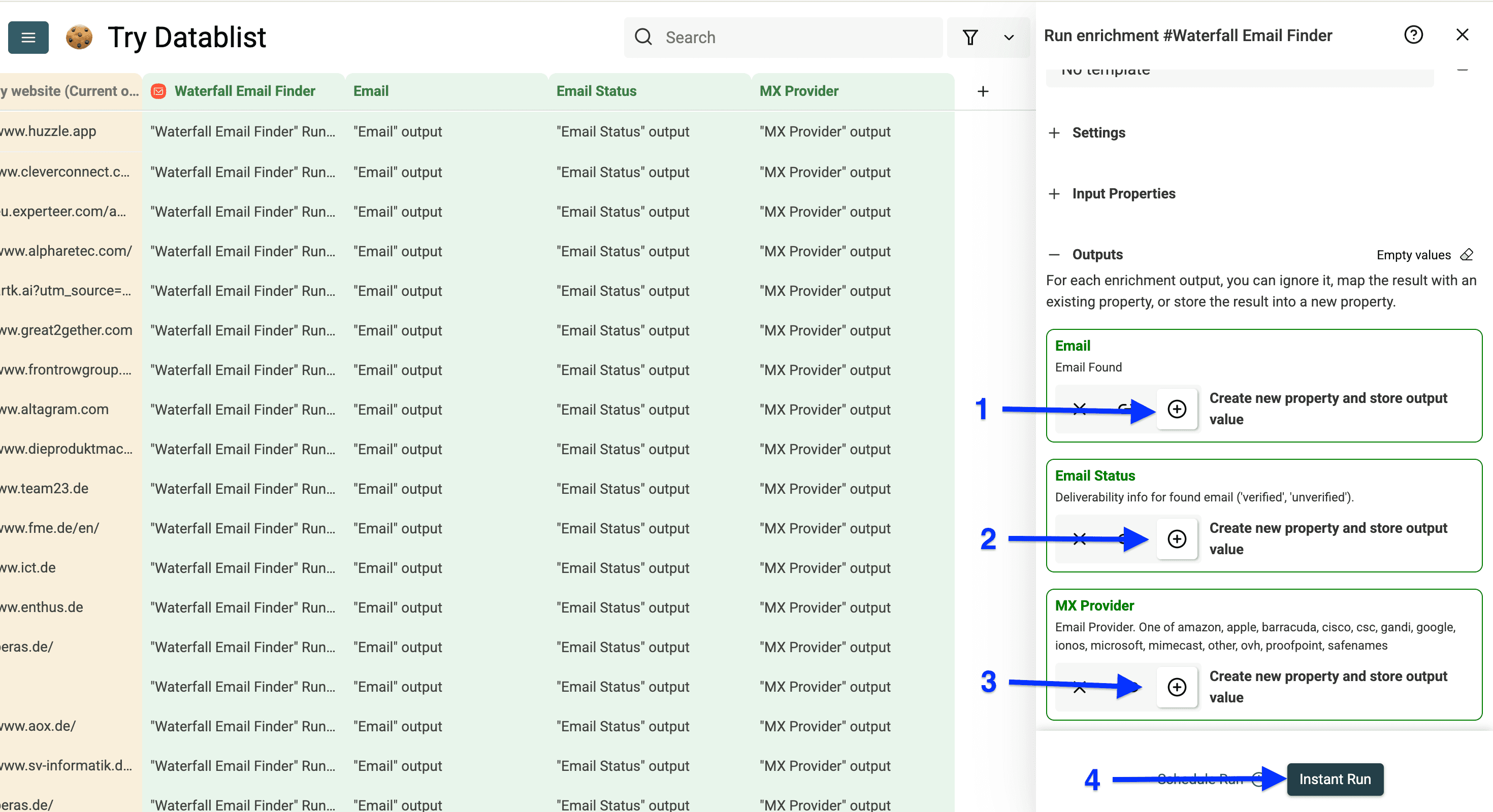 Output columns configuration for Datablist’s waterfall enrichment