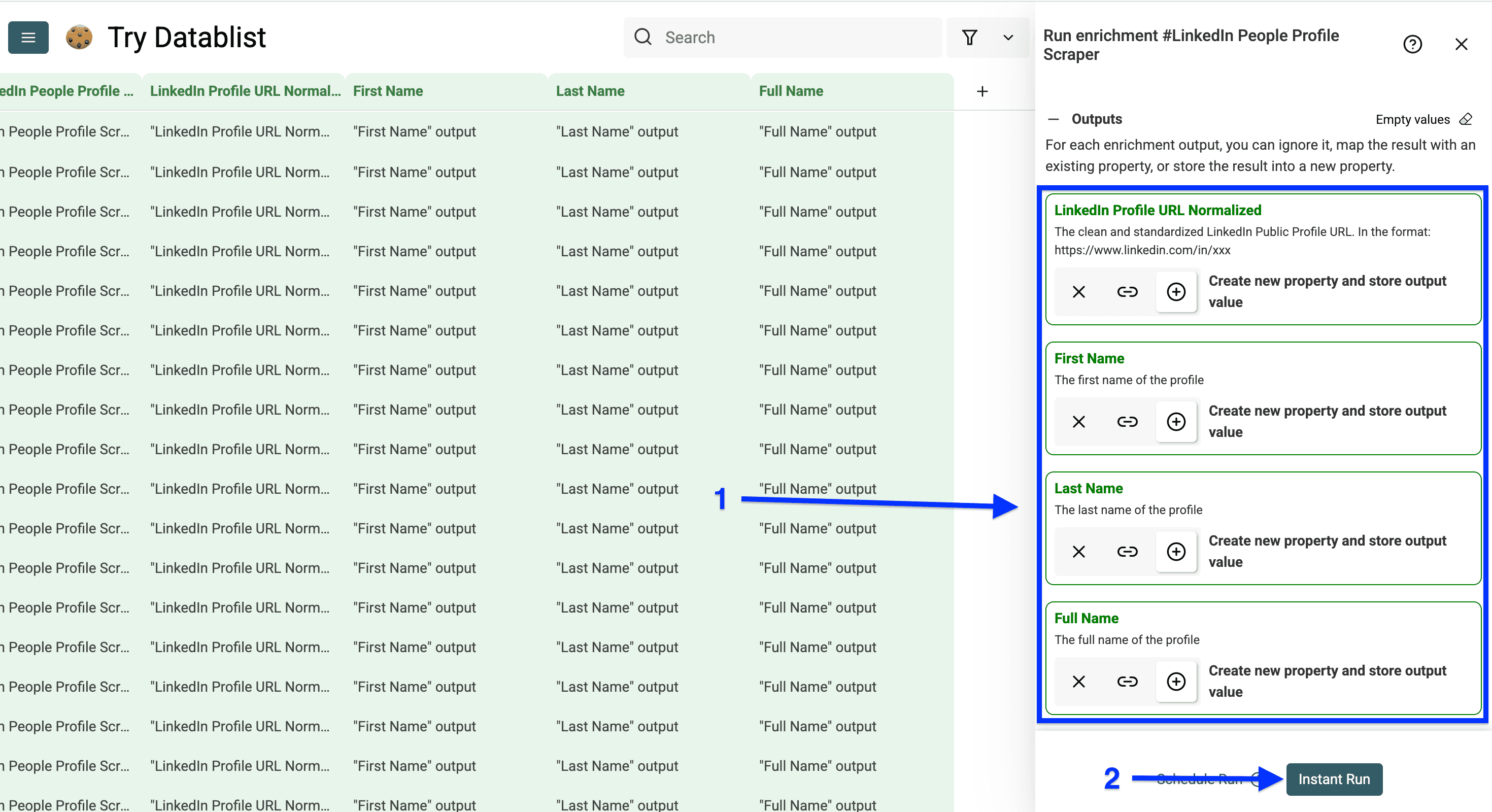 Output columns configuration for Datablist’s LinkedIn Profile Scraper