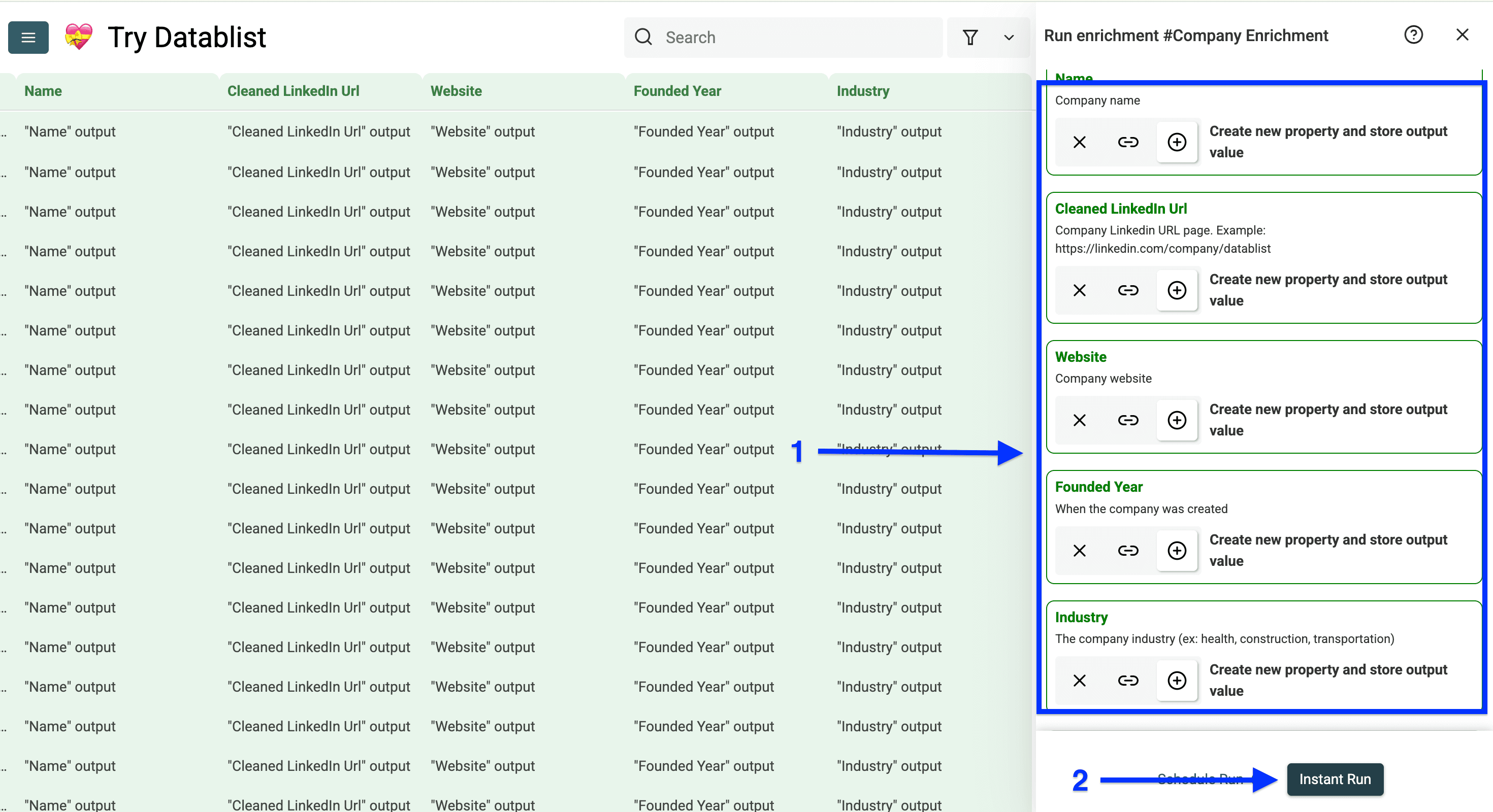 Output columns configuration of Datablist’s Company Enrichment