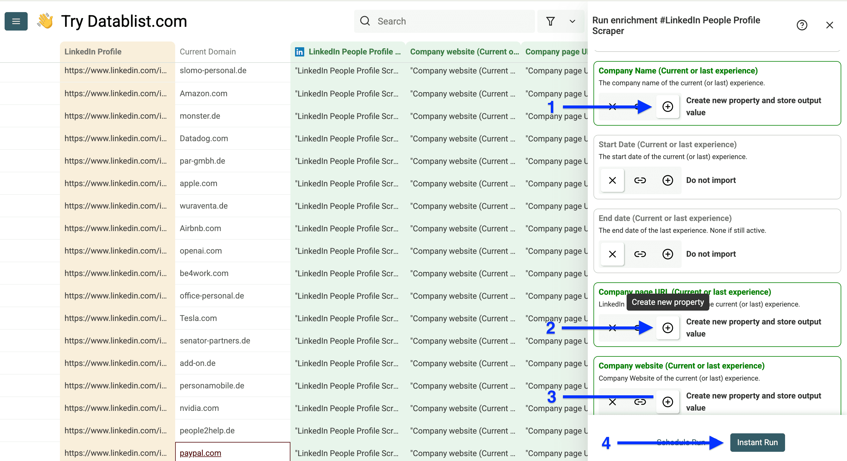 Output columns configuration of Datablist’s LinkedIn profile scraper