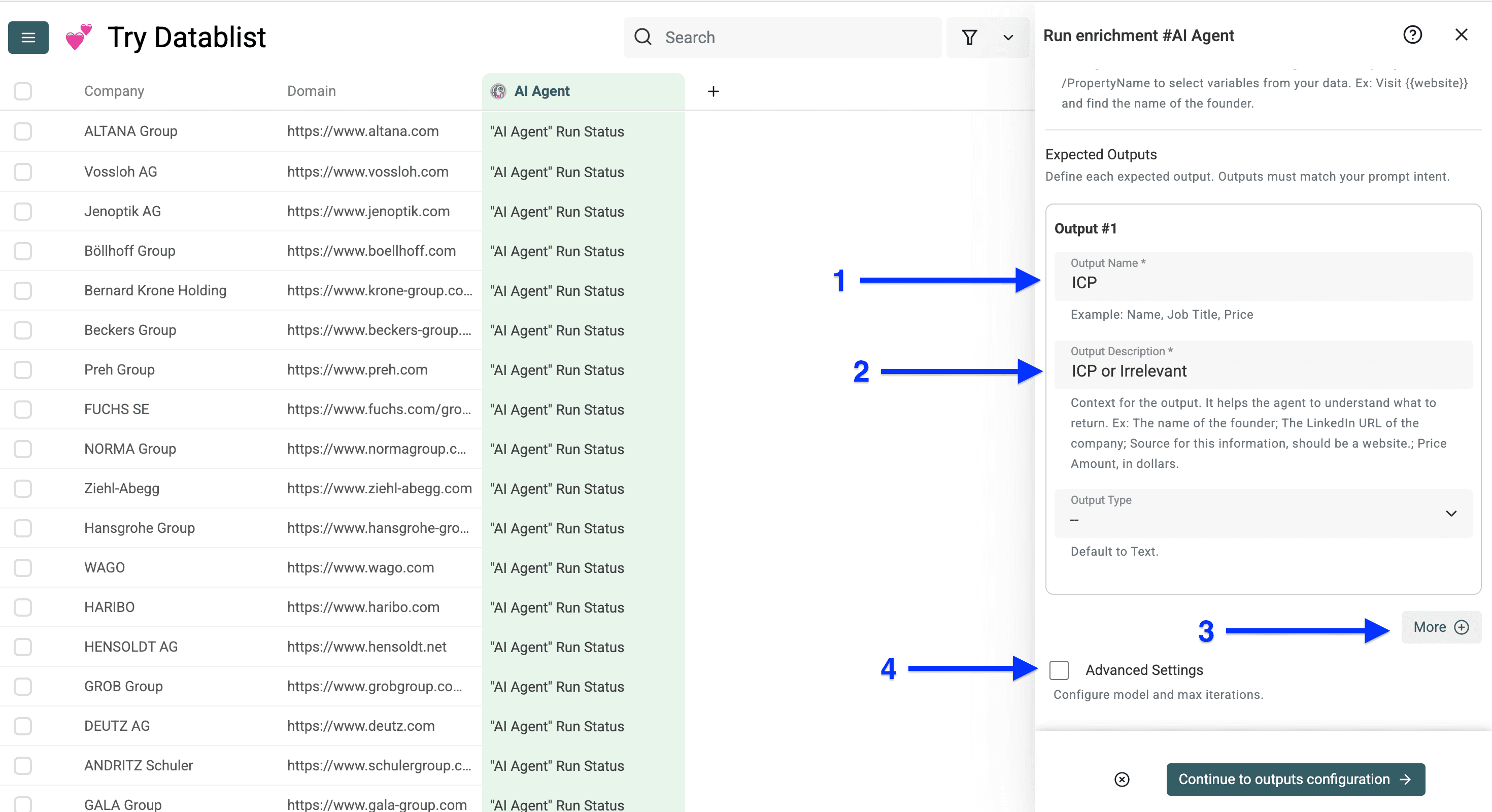 Output format configuration for Datablist’s AI Research Agent