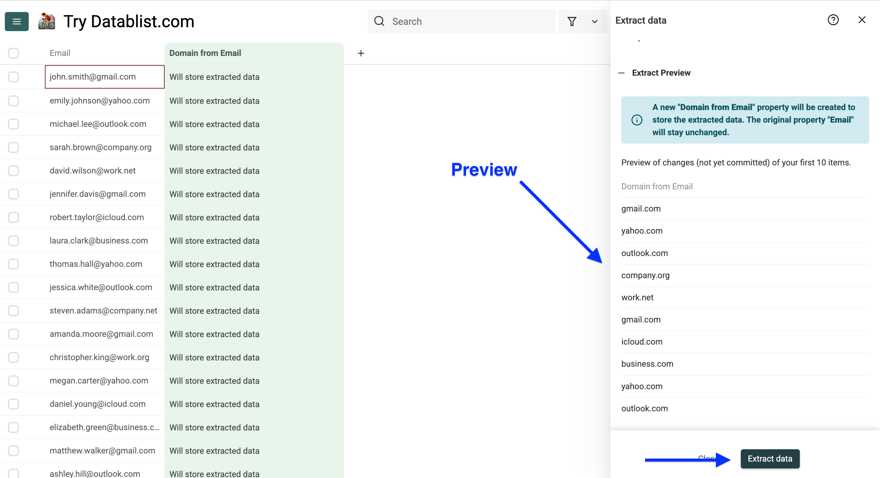 Preview of results of Datablist’s domain extractor