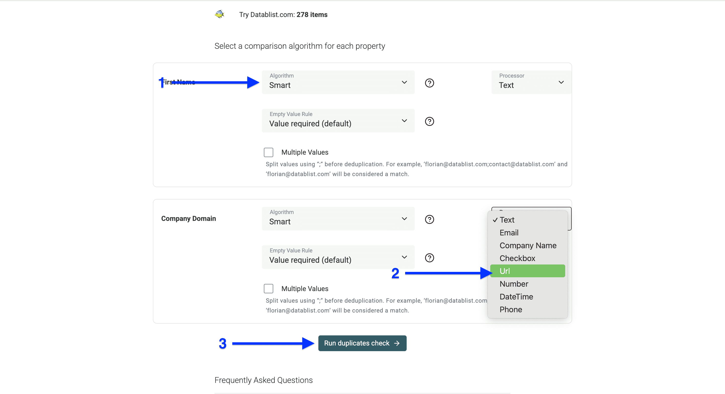 Processor configuration for column-based deduplication