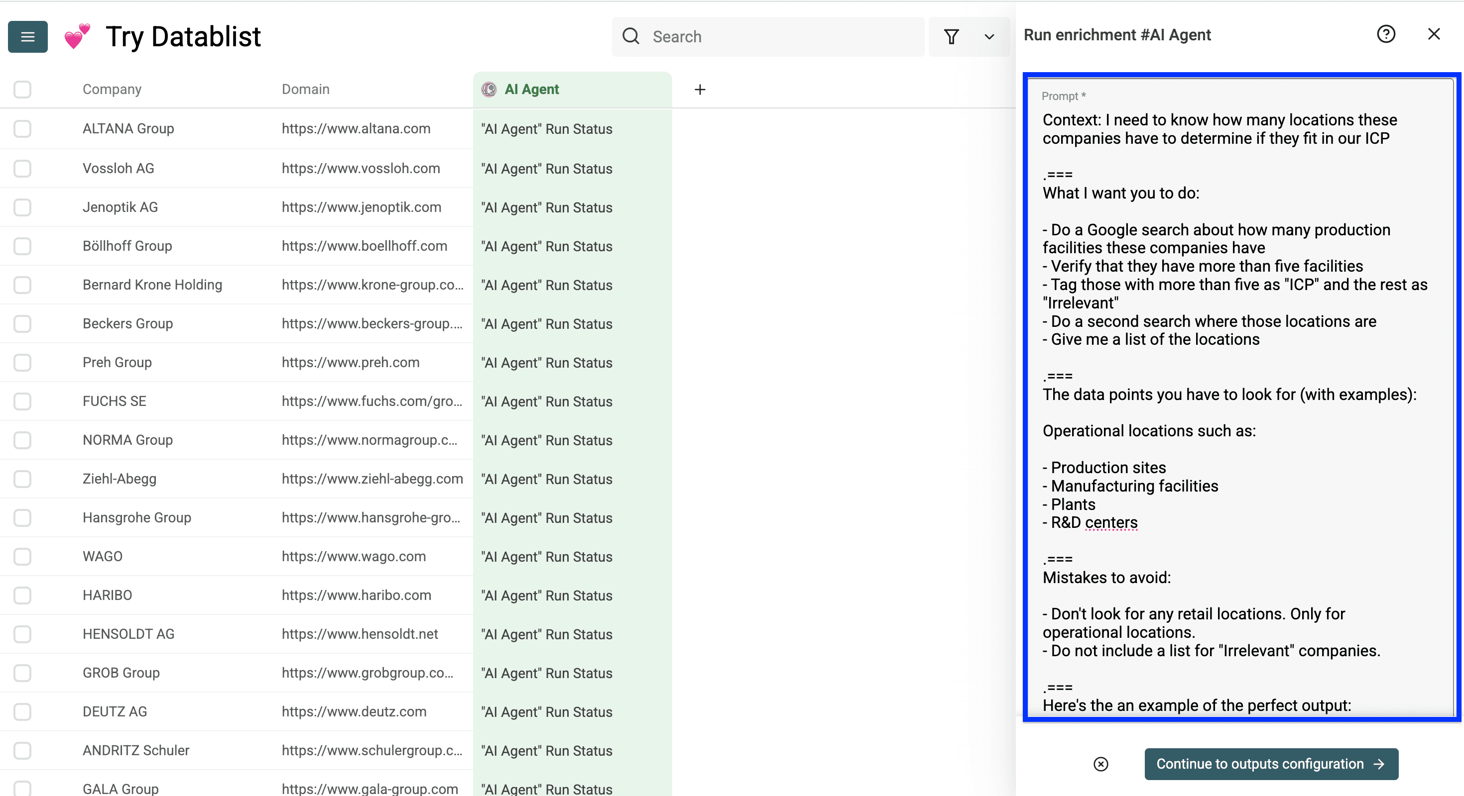 Prompt configuration for Datablist’s AI Research Agent