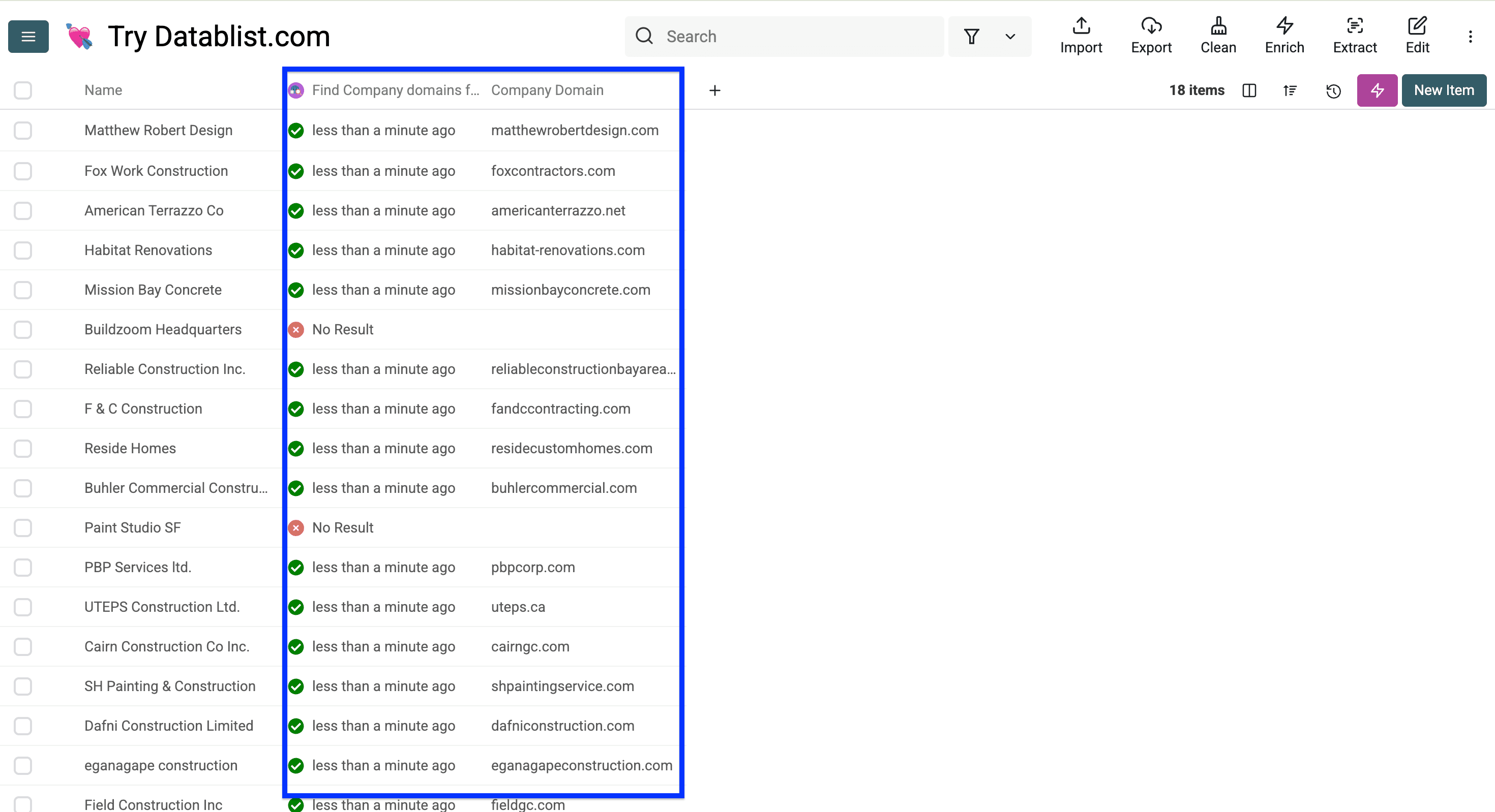 Results of Datablist’s Domain Finder