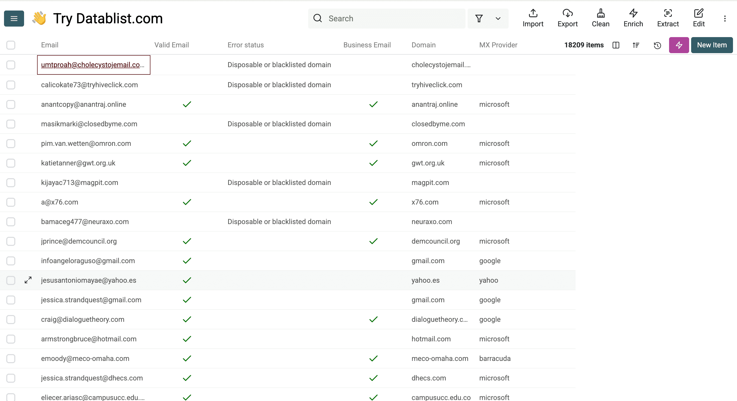 Results of Datablist’s free email validation