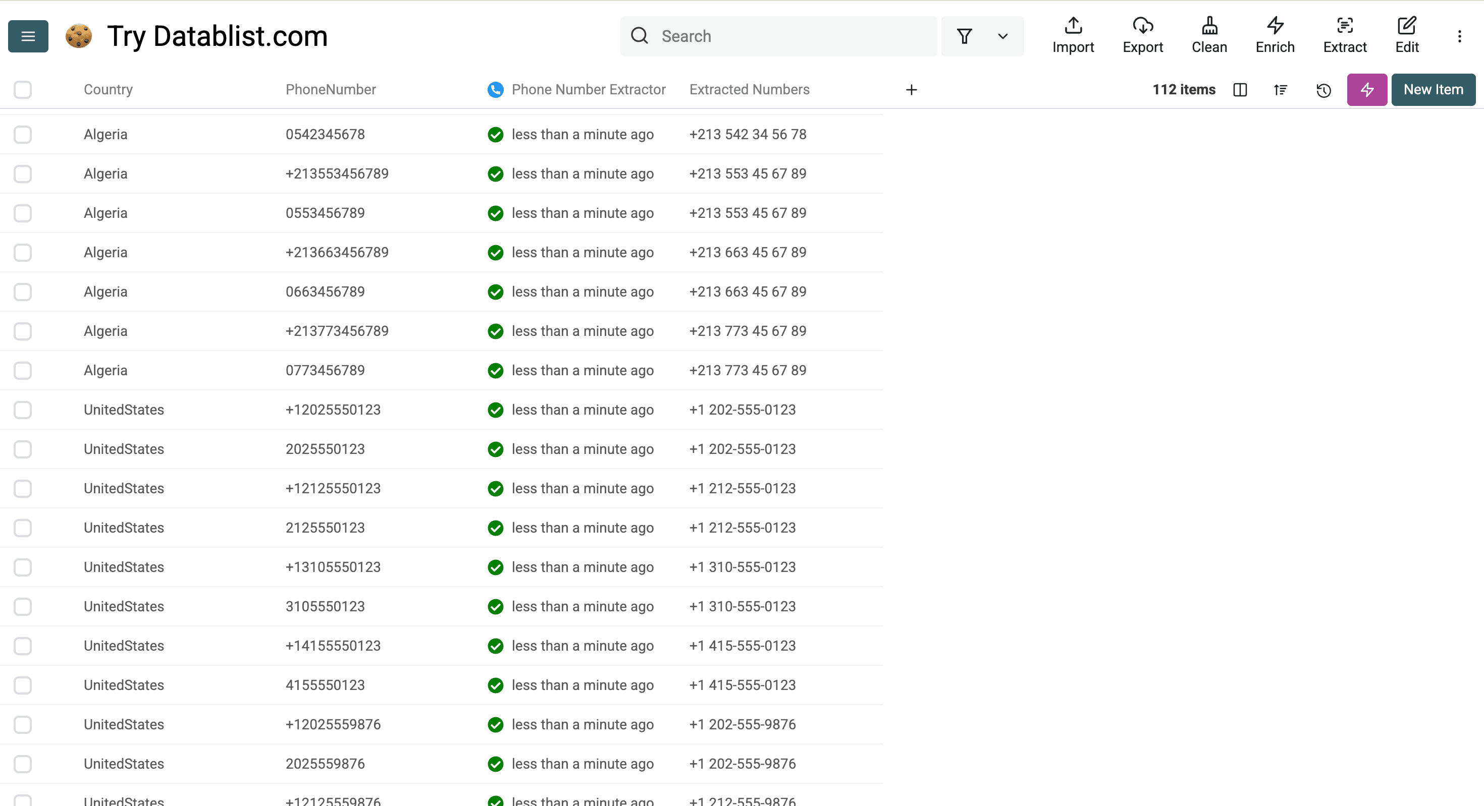 Results of Datablist’s phone number formatter