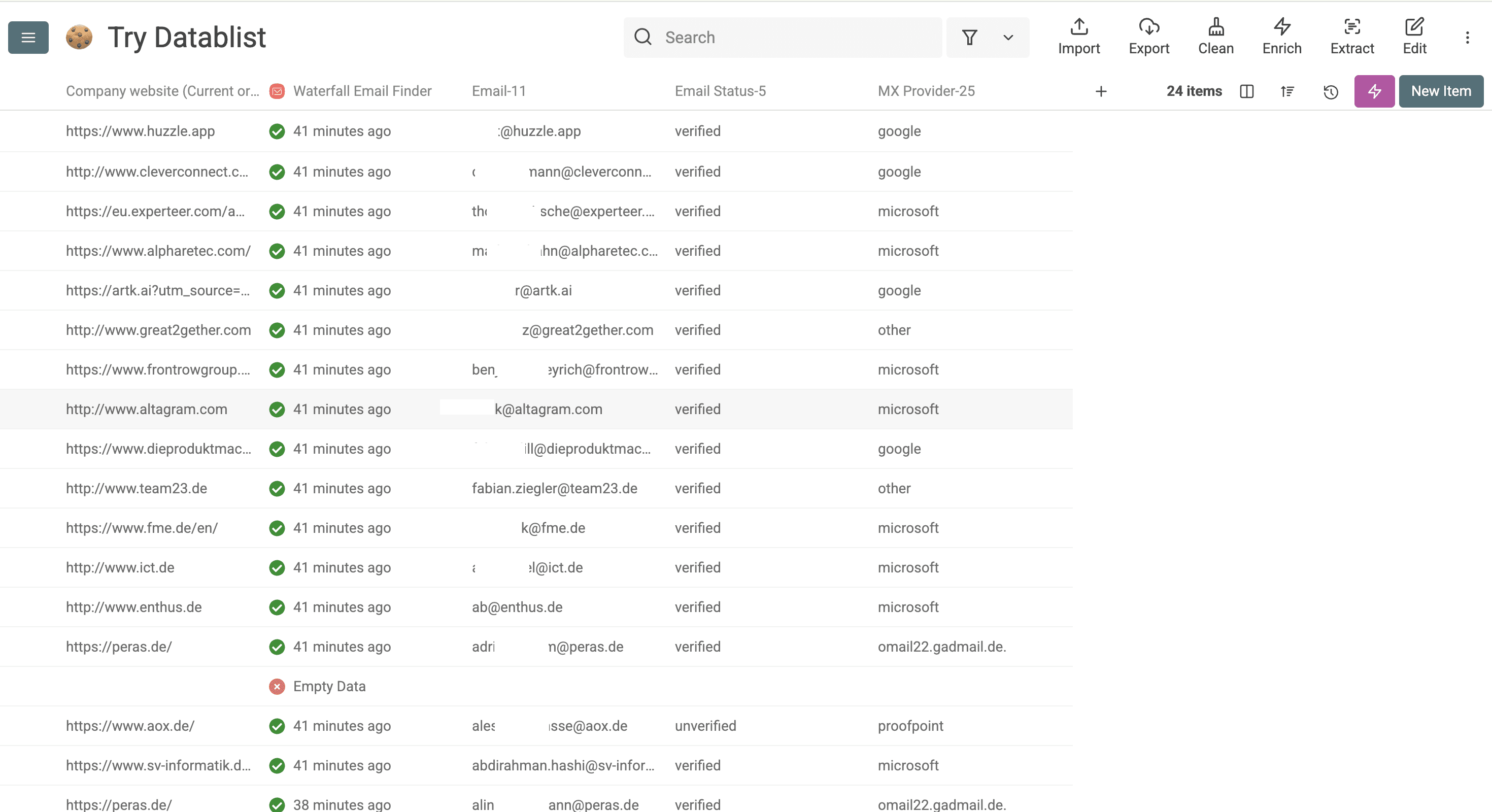 Enriched email list using Datablist's waterfall email enrichment