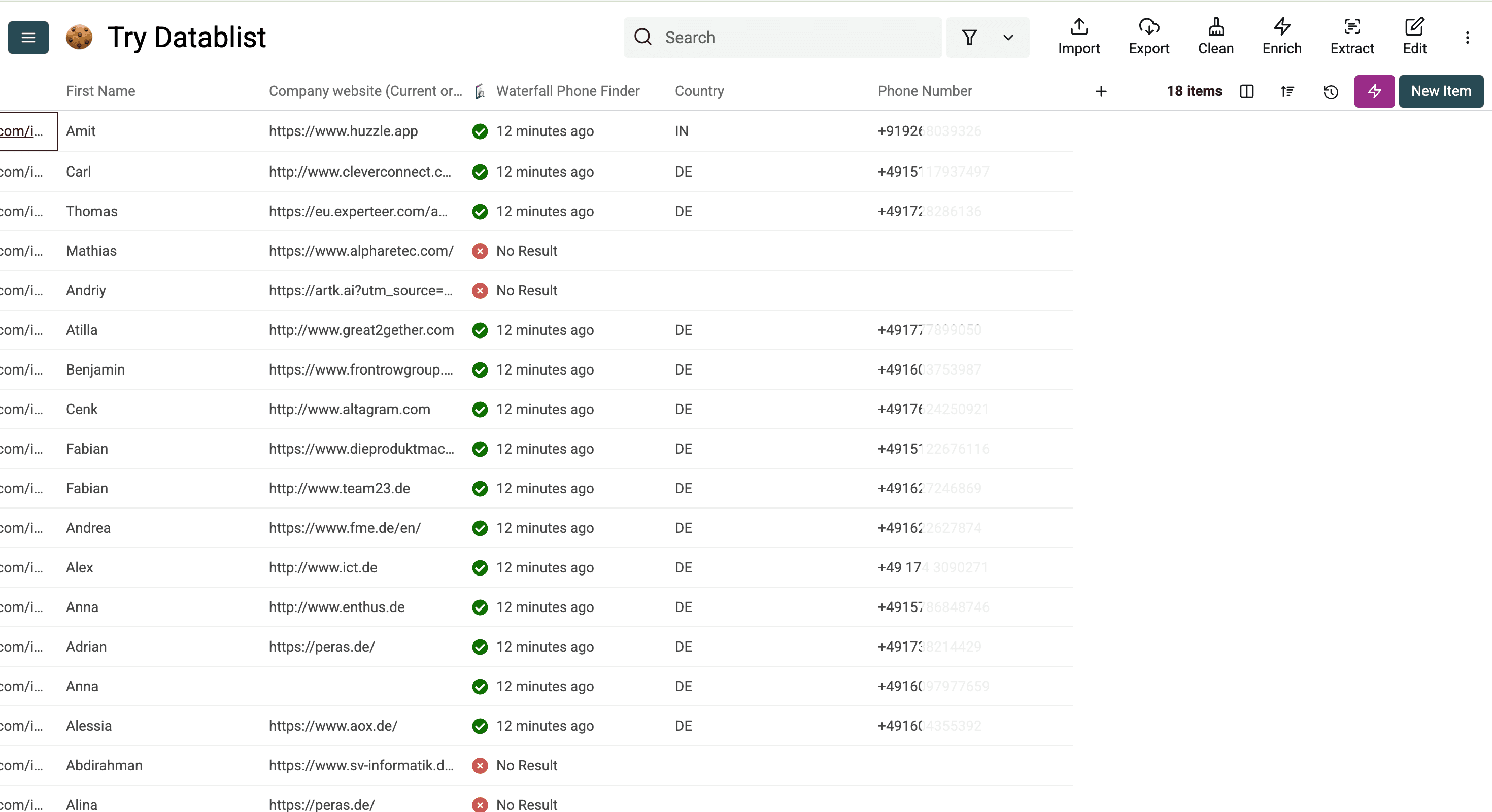 Results of phone number enrichment