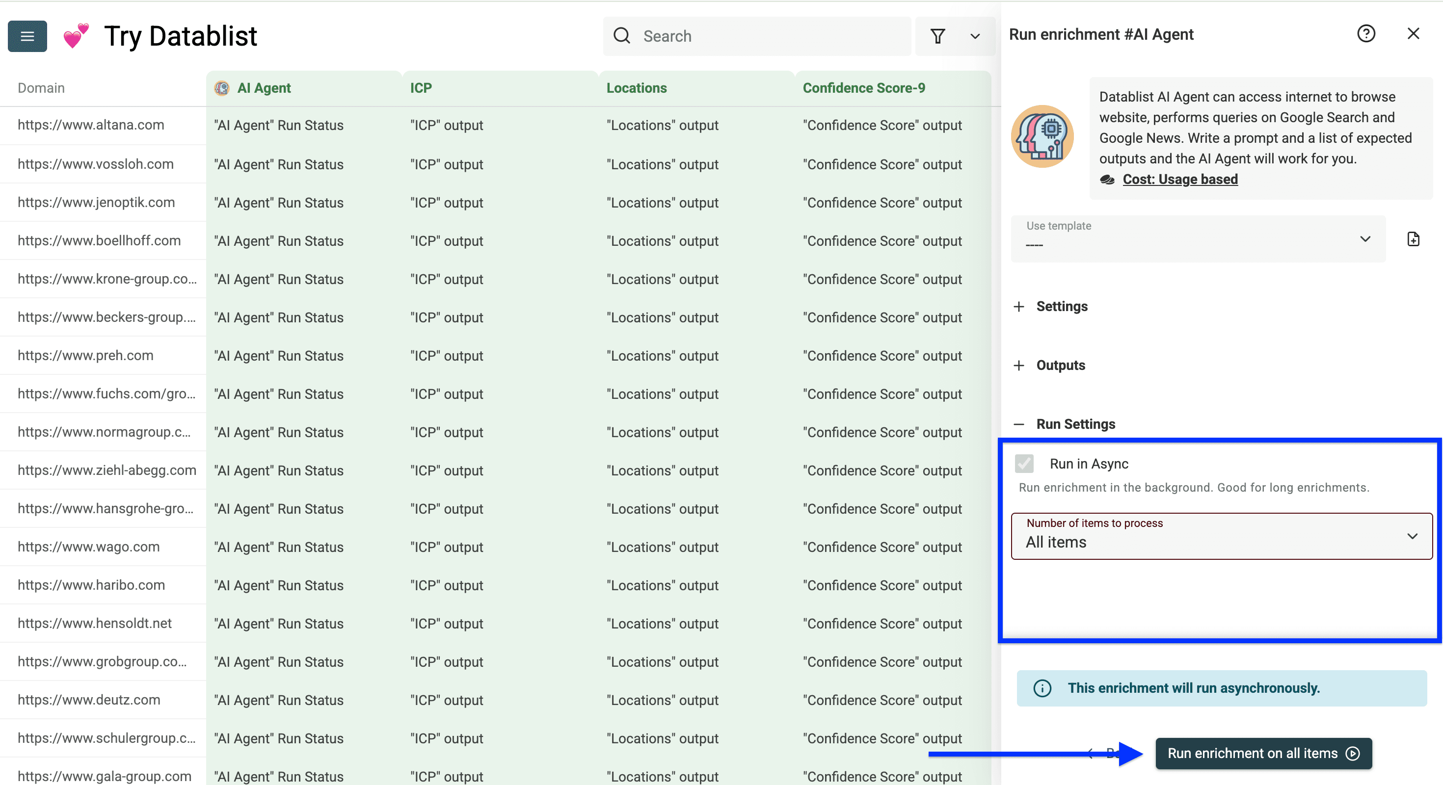 Run settings of Datablist’s AI Research Agent