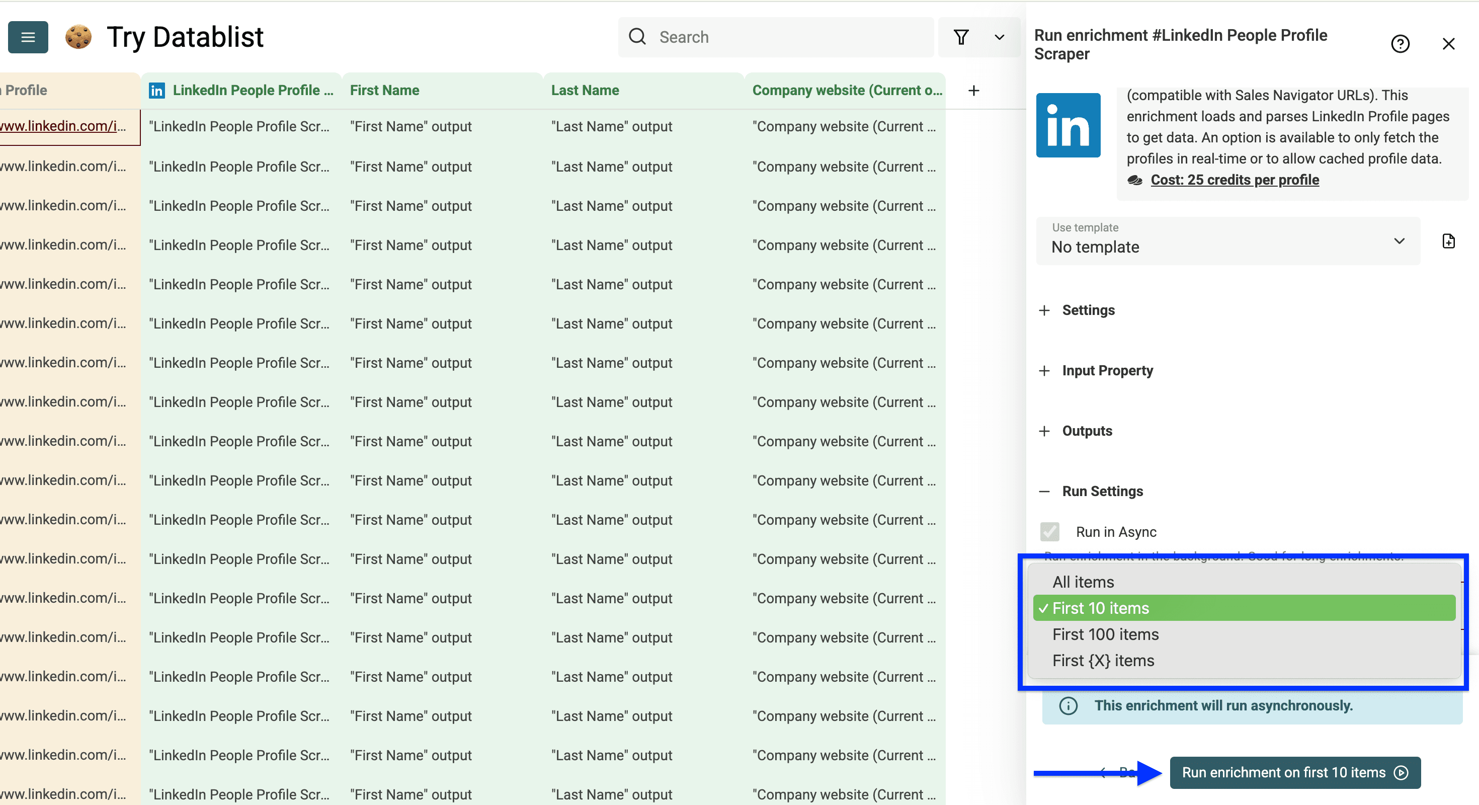 Run settings of Datablist’s LinkedIn Profile Scraper