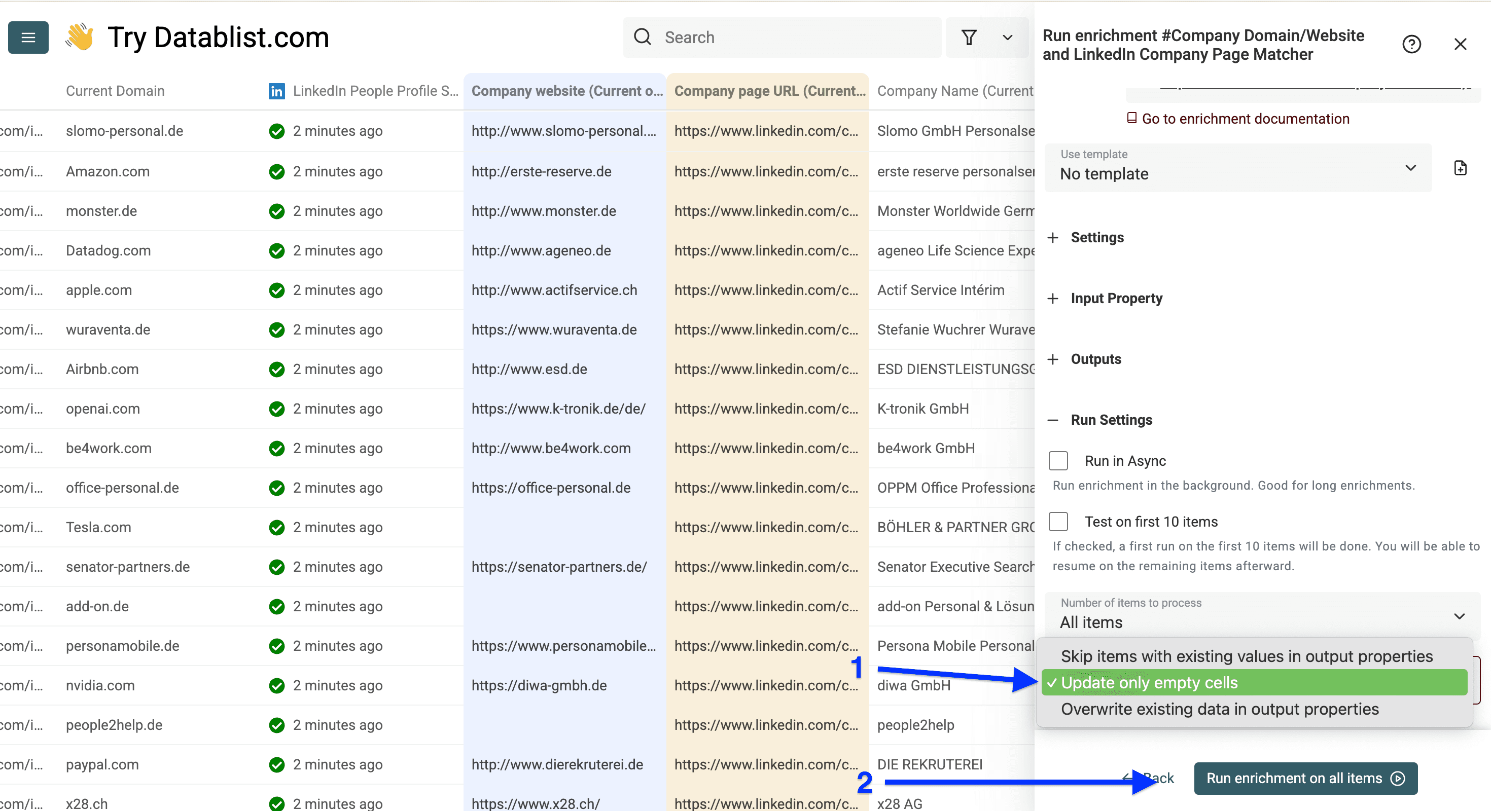 Run settings of LinkedIn page to domain enrichment
