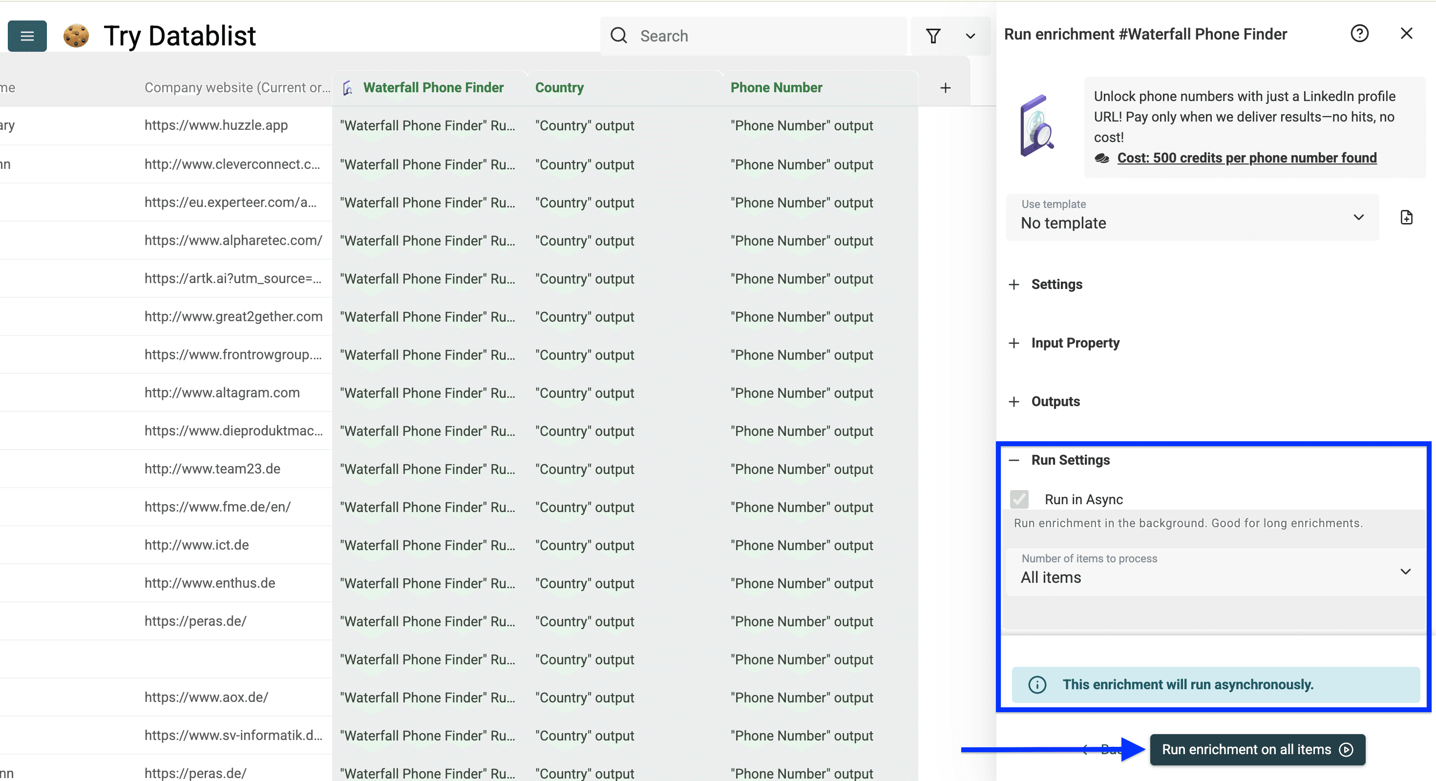 Run settings of phone number enrichment