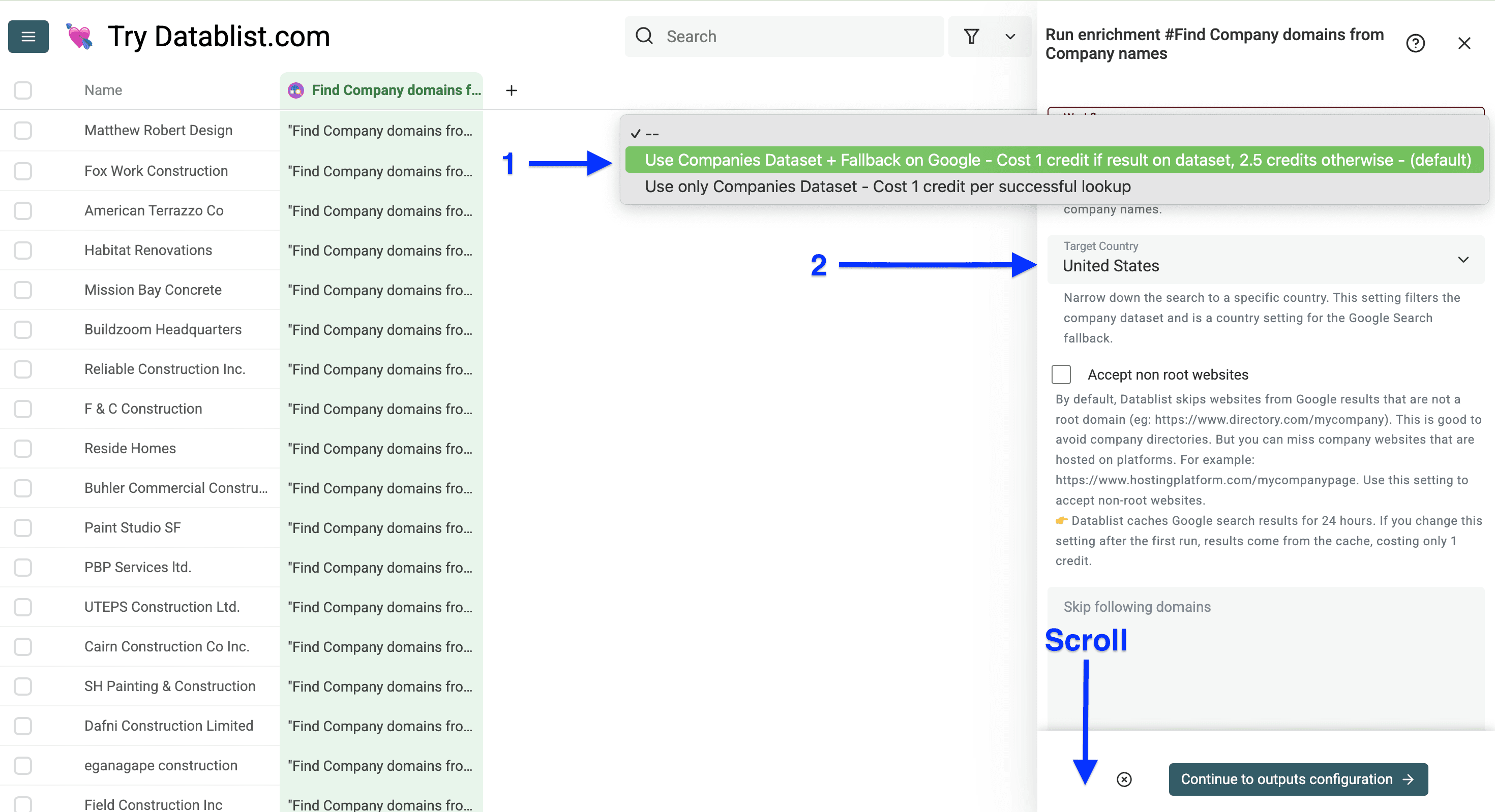 Settings of Datablist’s Domain Finder