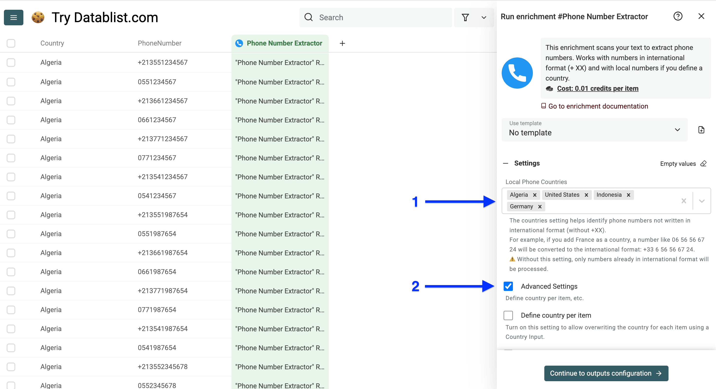 Settings of Datablist’s phone number formatter