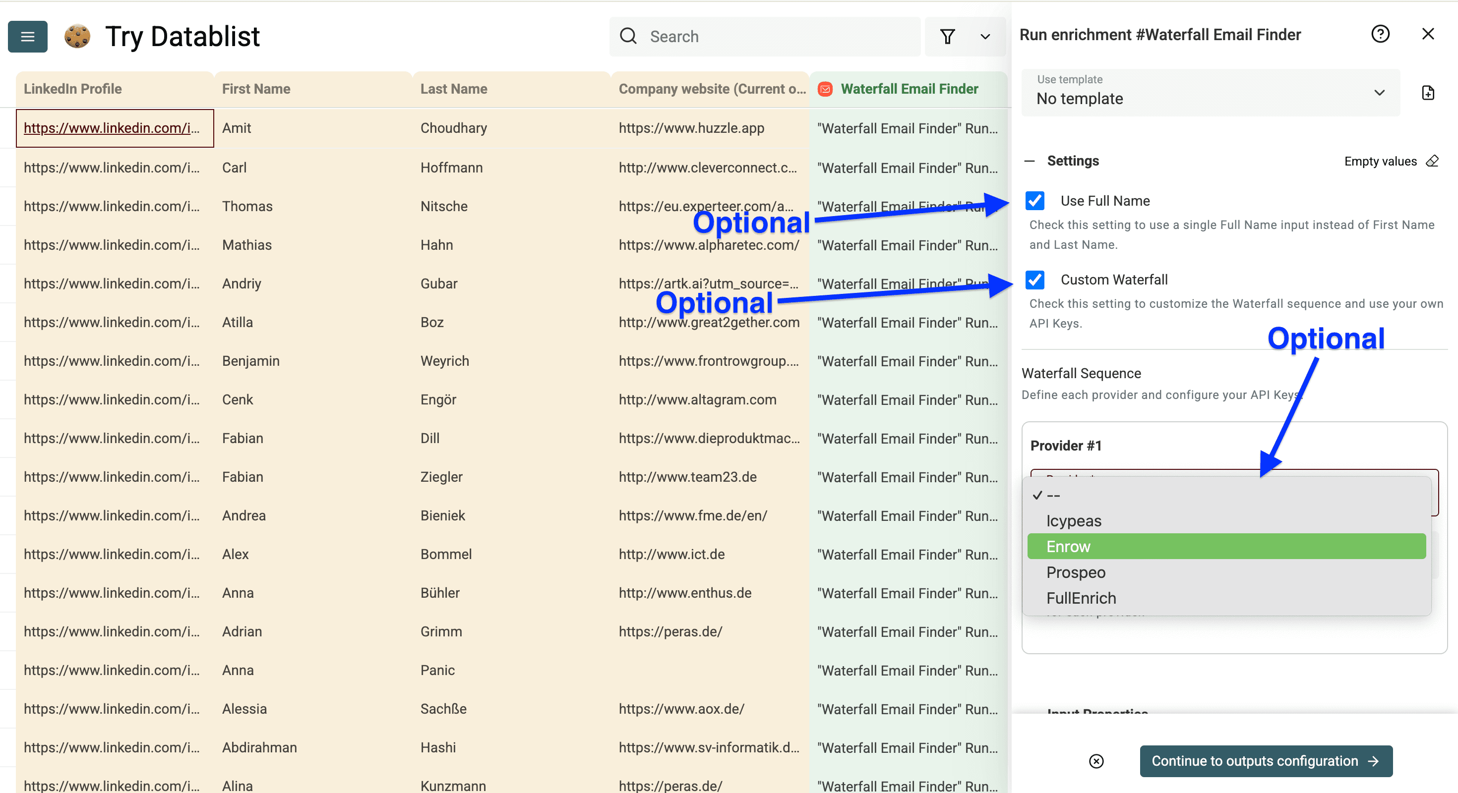 Optional settings of Datablist’s waterfall email enrichment