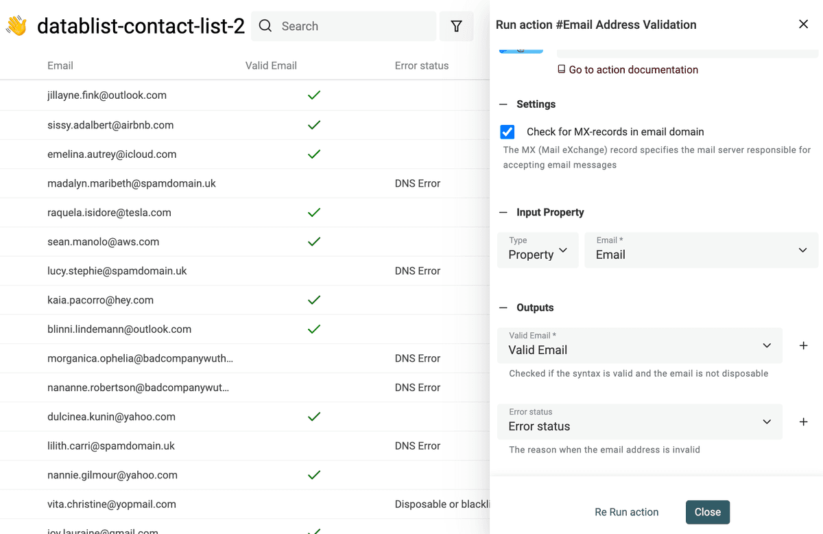 Email verification results