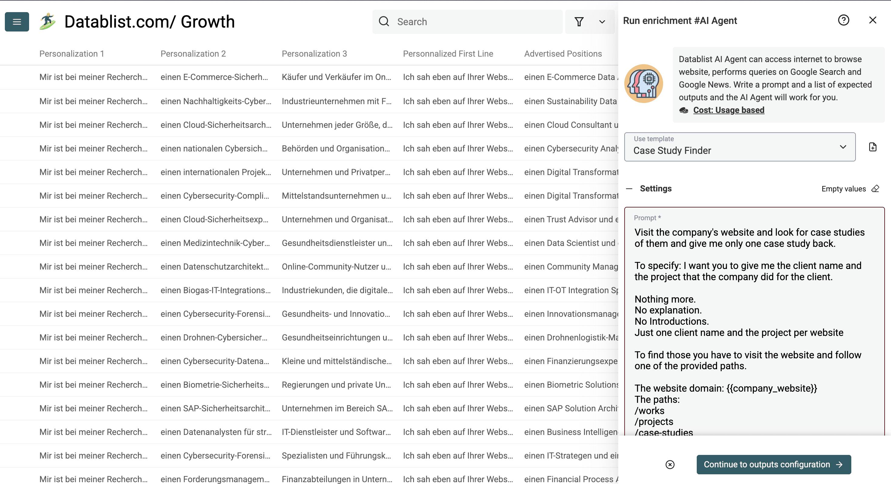Datablist’s AI Agent template to find case studies on company websites.