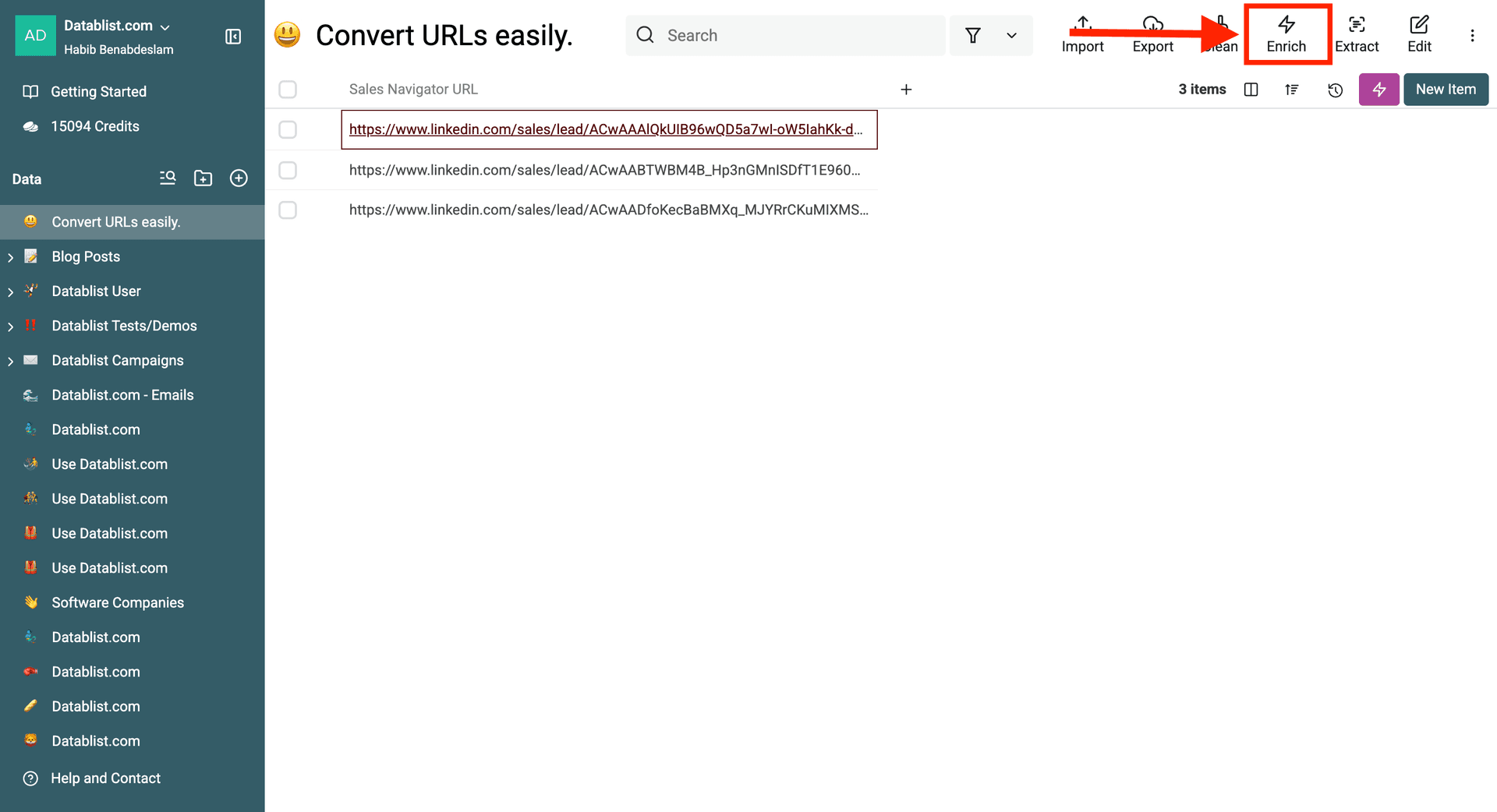 The “Enrich” button in Datablist