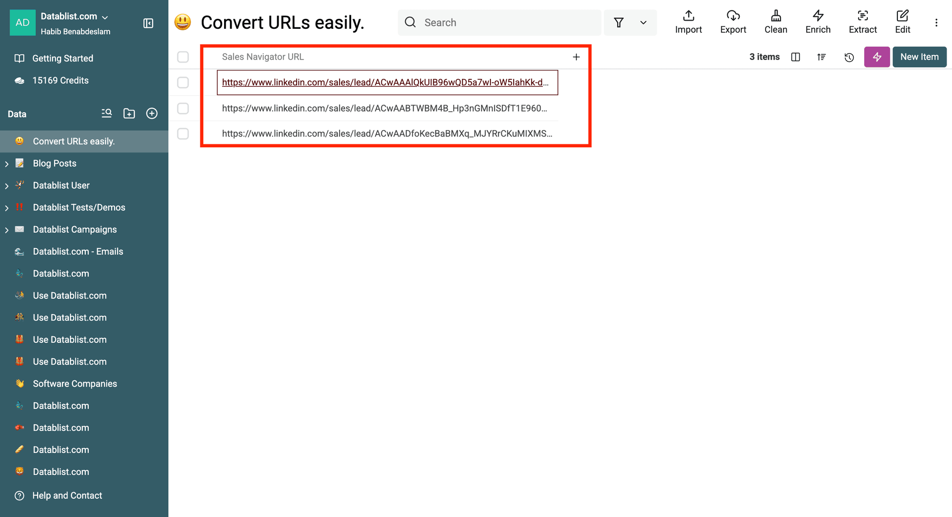 Imported Sales Navigator URLs
