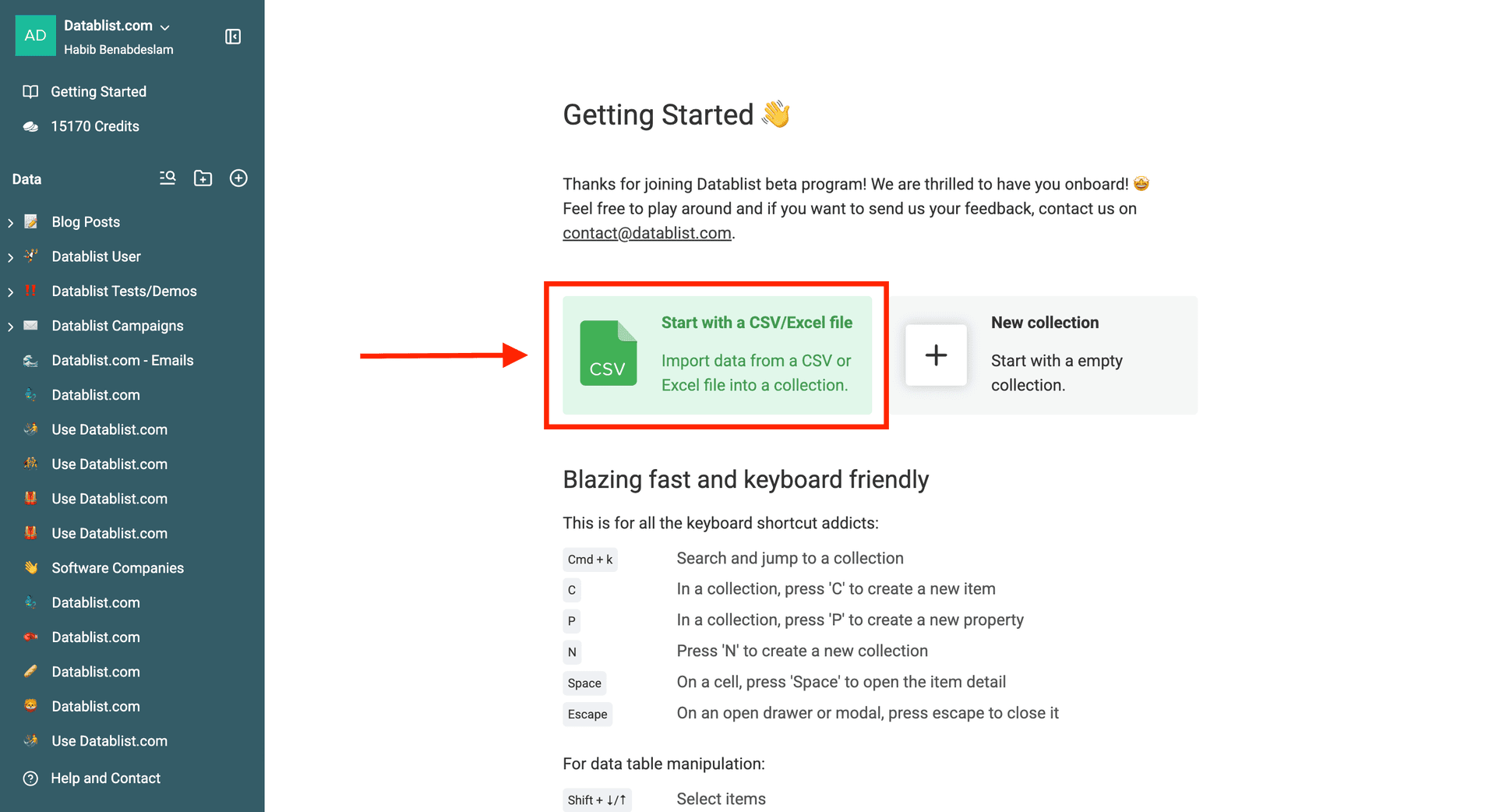 Datablist’s welcome page