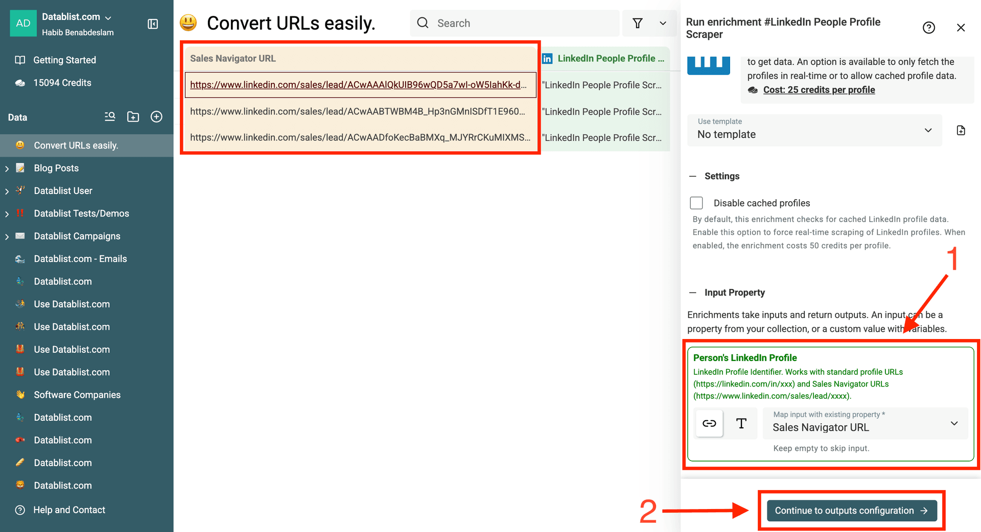 The Sales Navigator URLs configured as inputs