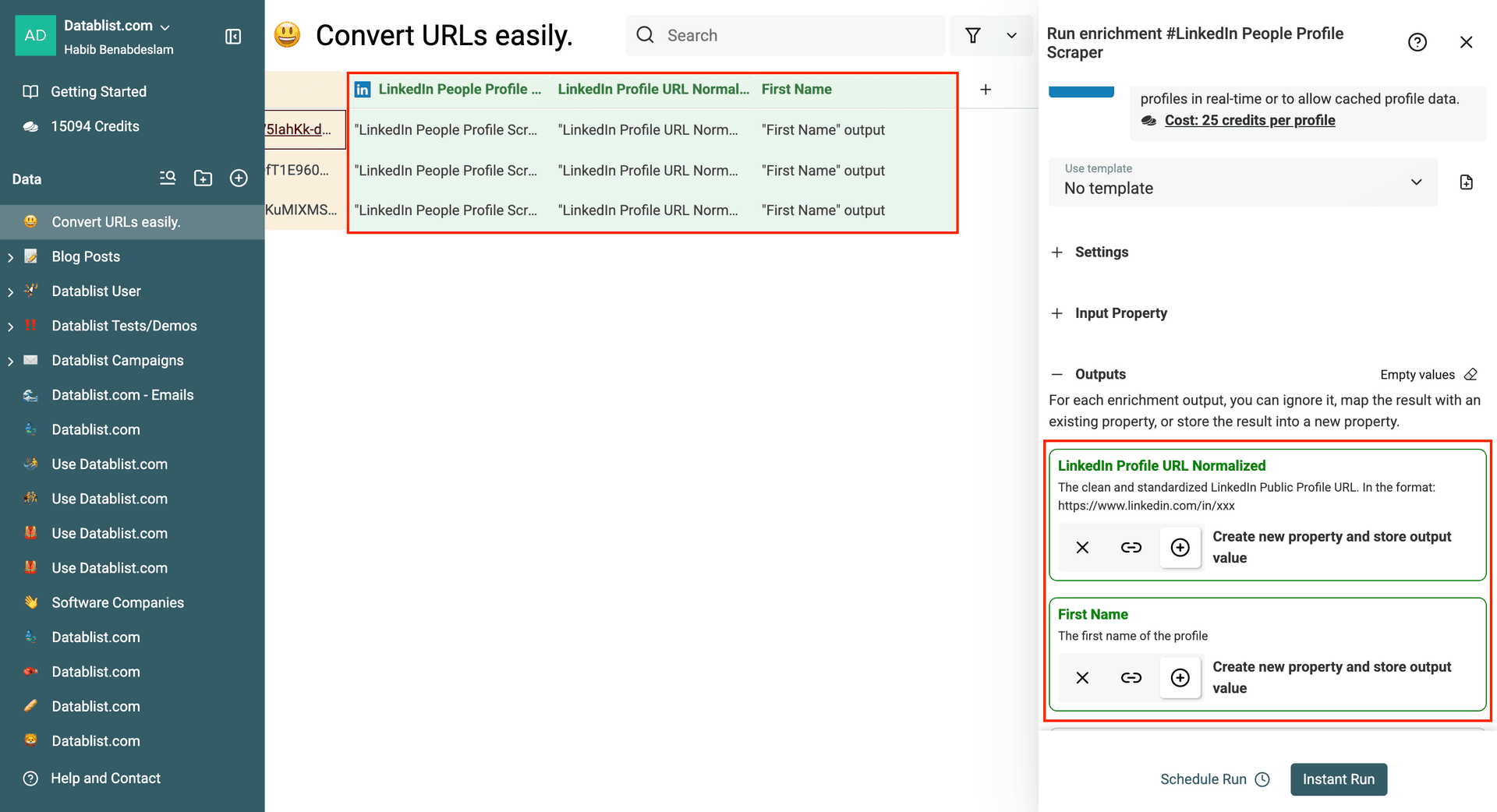Configured outputs of the Linked Profile scraper
