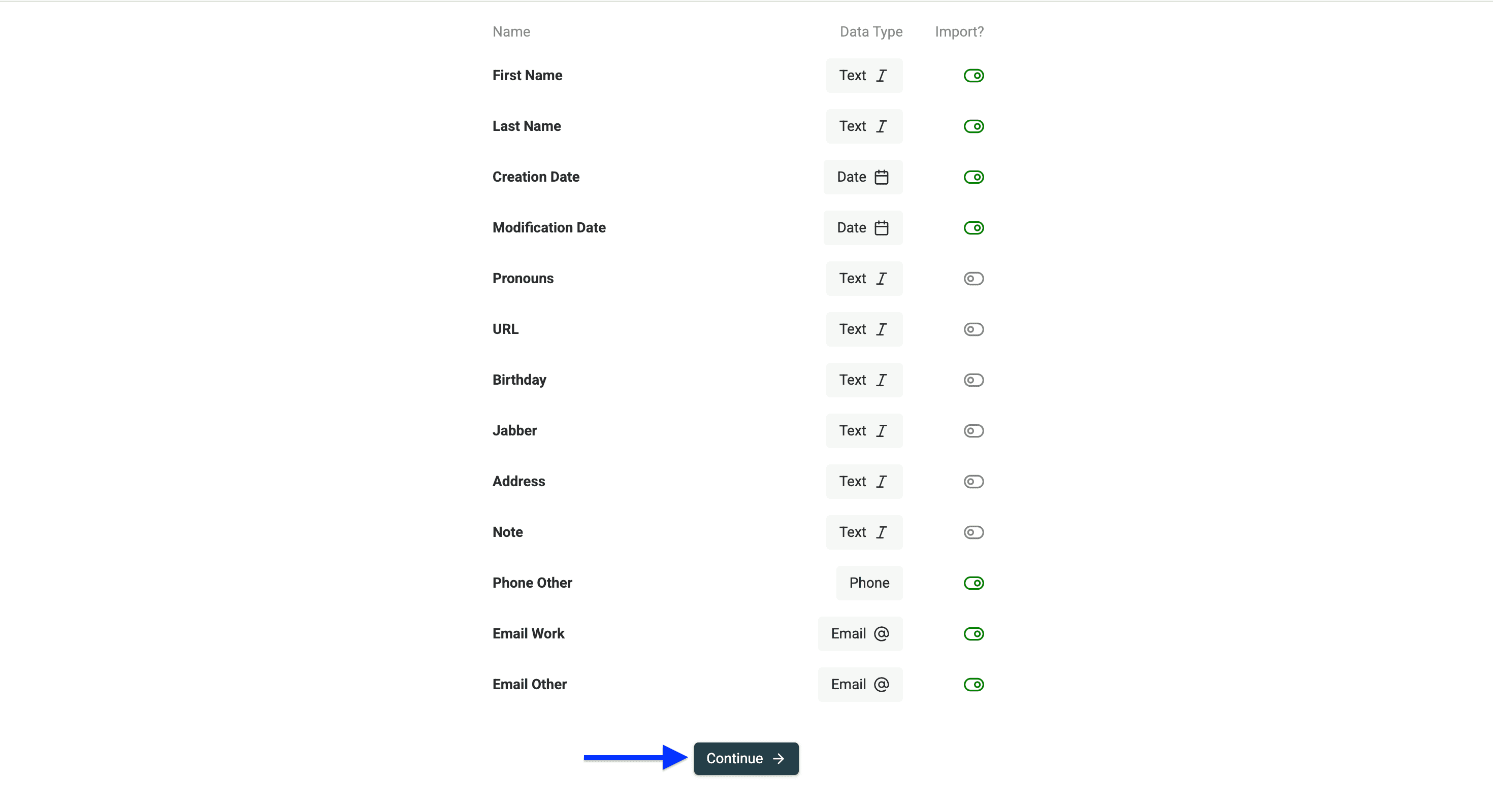 Configured properties for contacts import