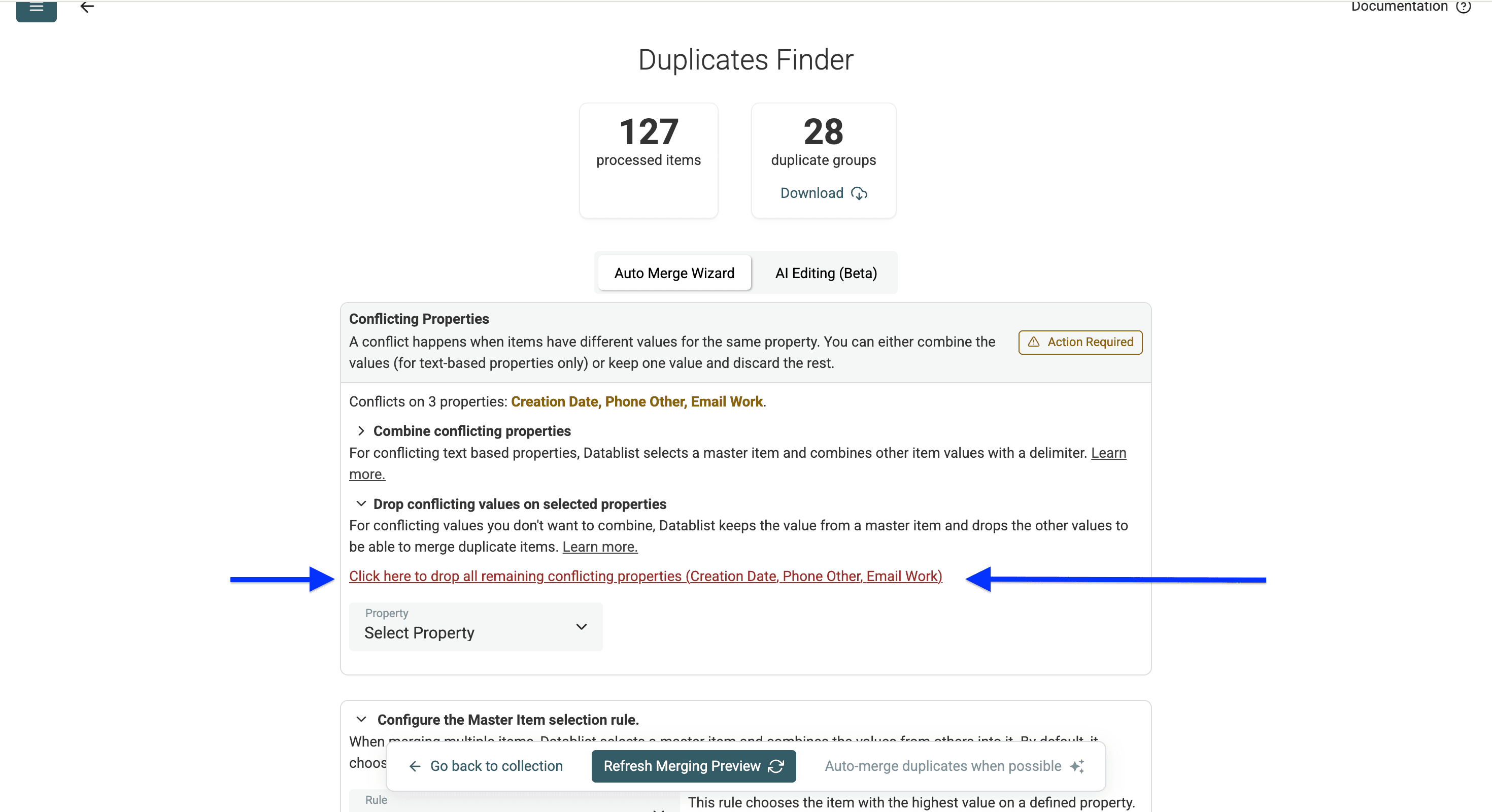 Conflicting properties settings for deduplicating Apple contacts