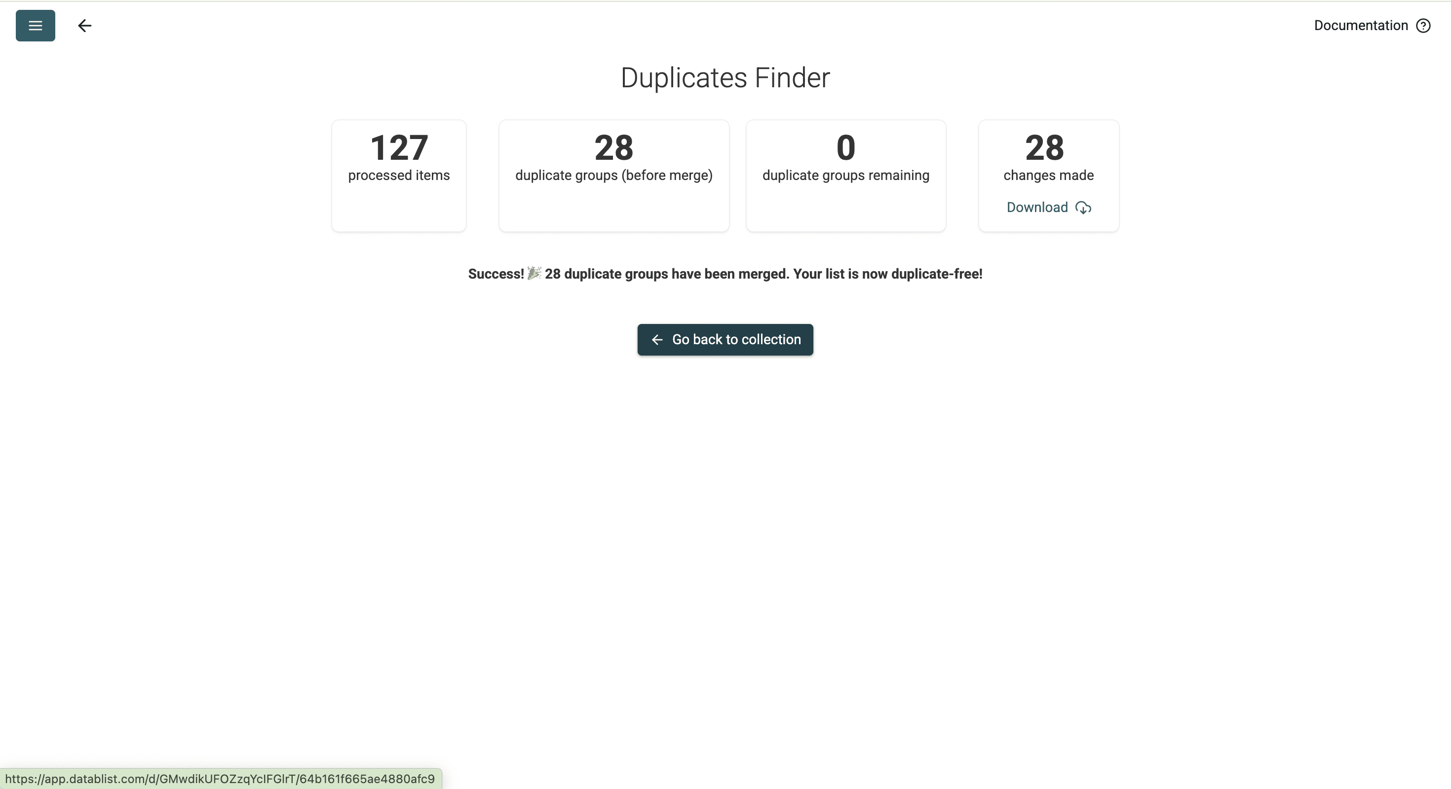 Datablist success notification for deduplicating Apple contacts