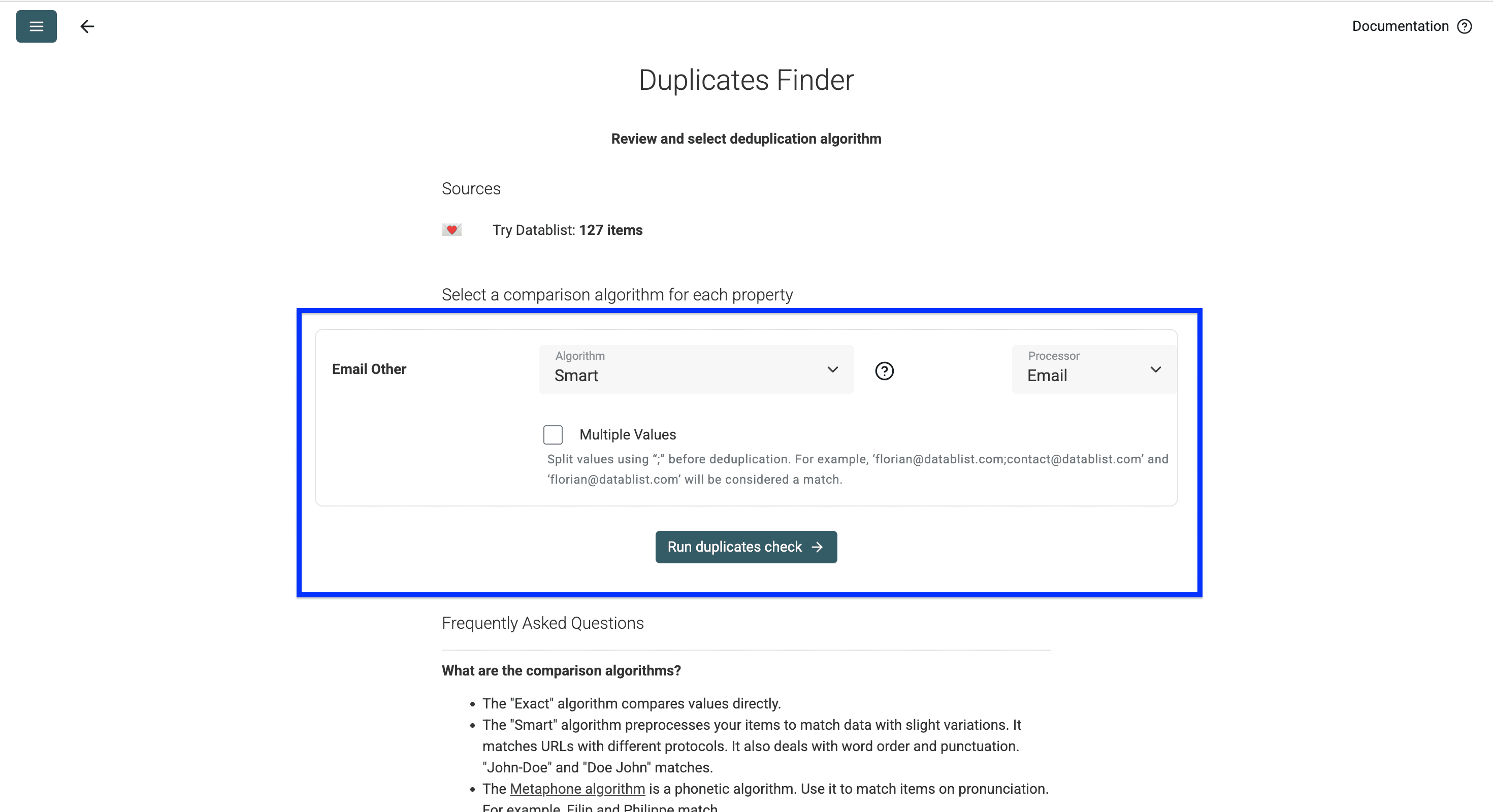 Duplicates processing settings for Apple contacts in Datablist