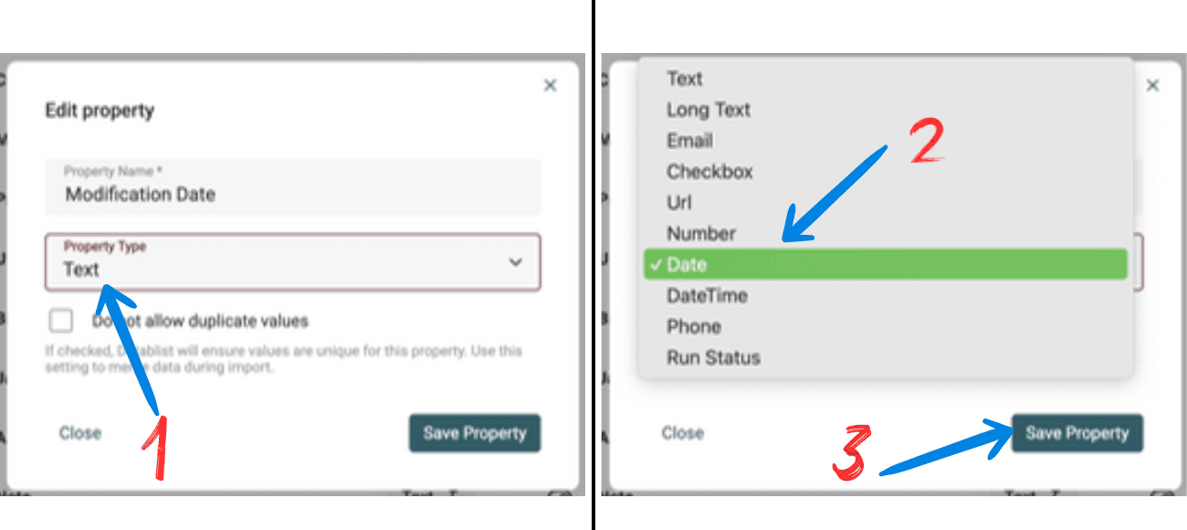 How to edit property type in Datablist