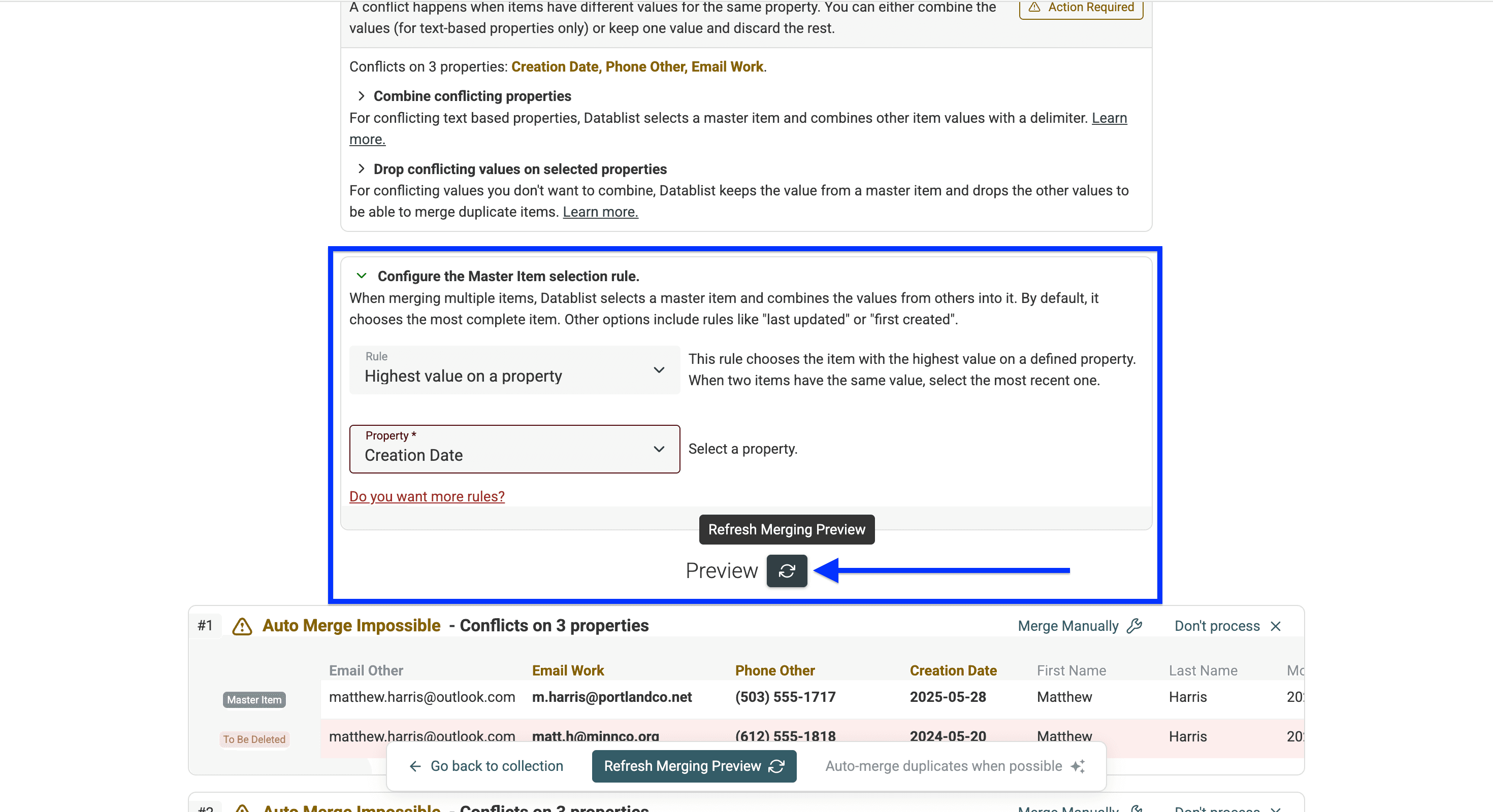 Master item settings for deduplicating Apple contacts