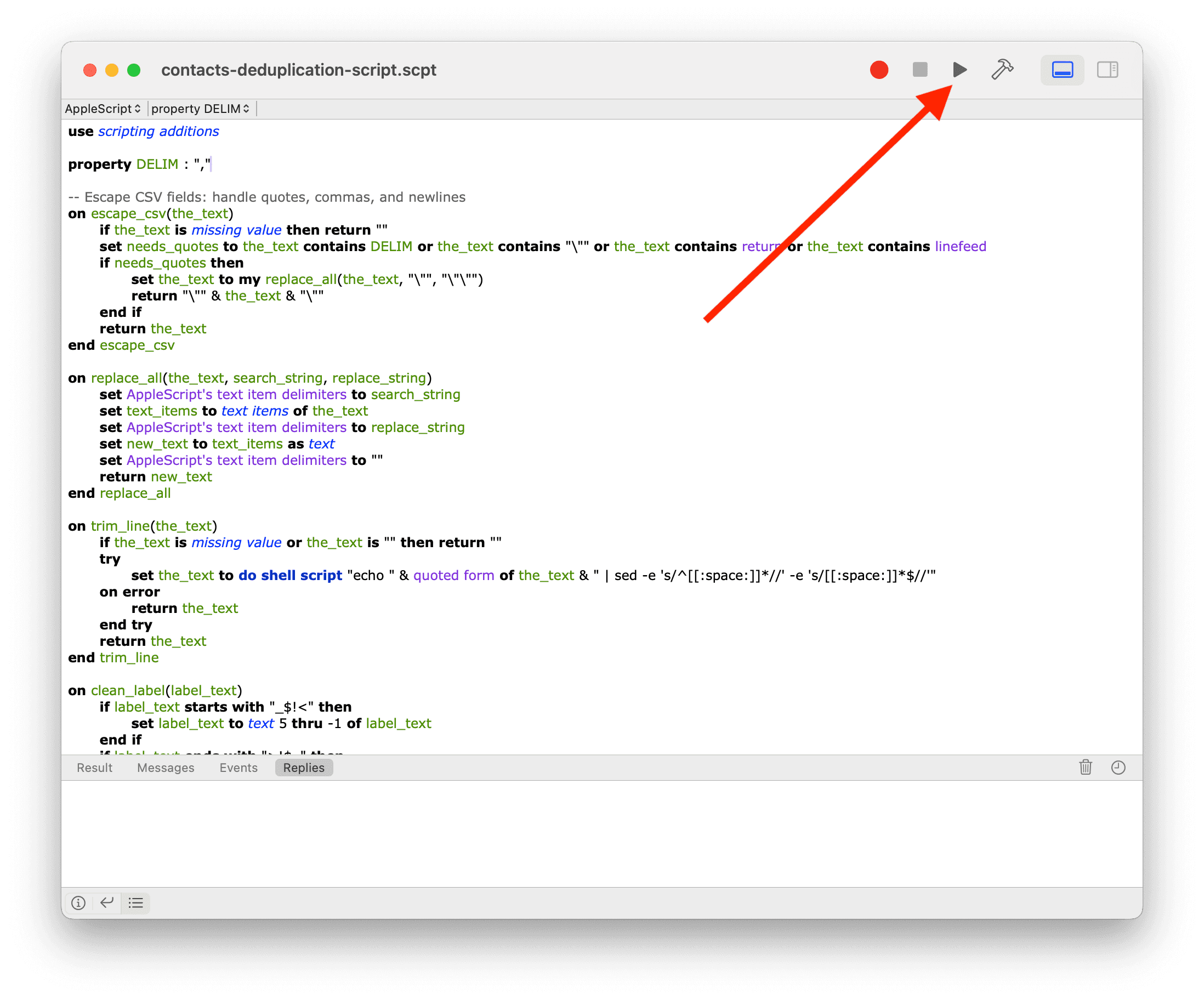 Opening the script to export metadata from the contacts app