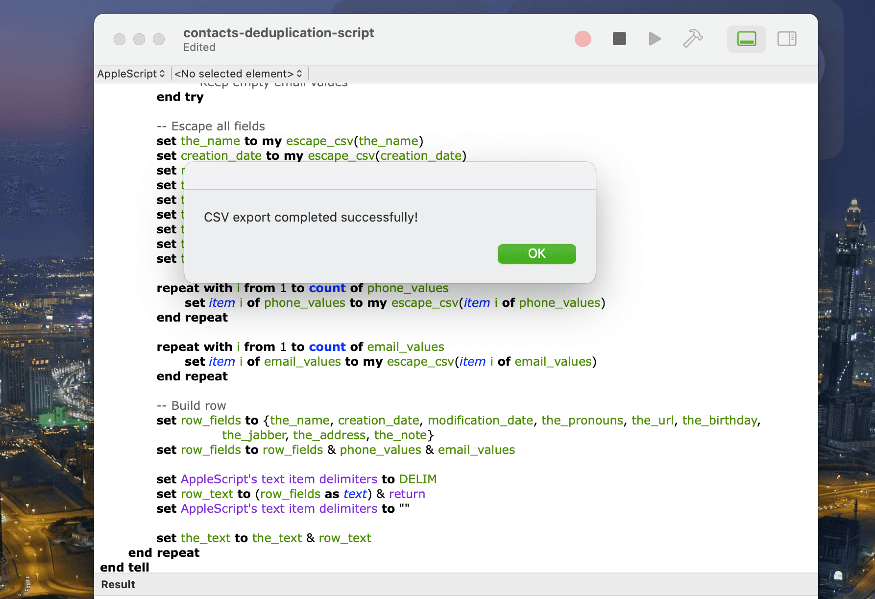 Success notification for contacts export